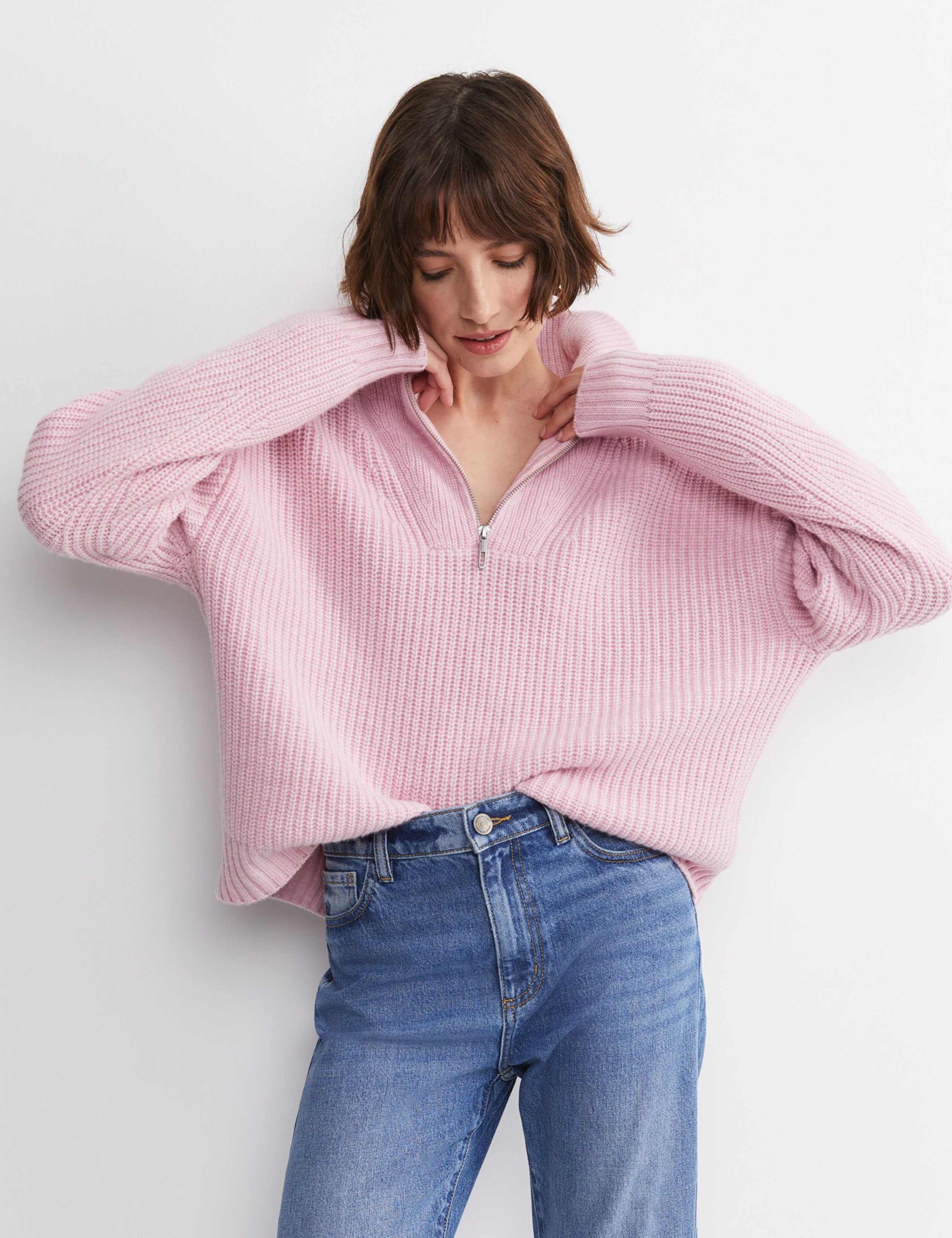 Pure Wool Ribbed Funnel Neck Half Zip Jumper 6 of 7