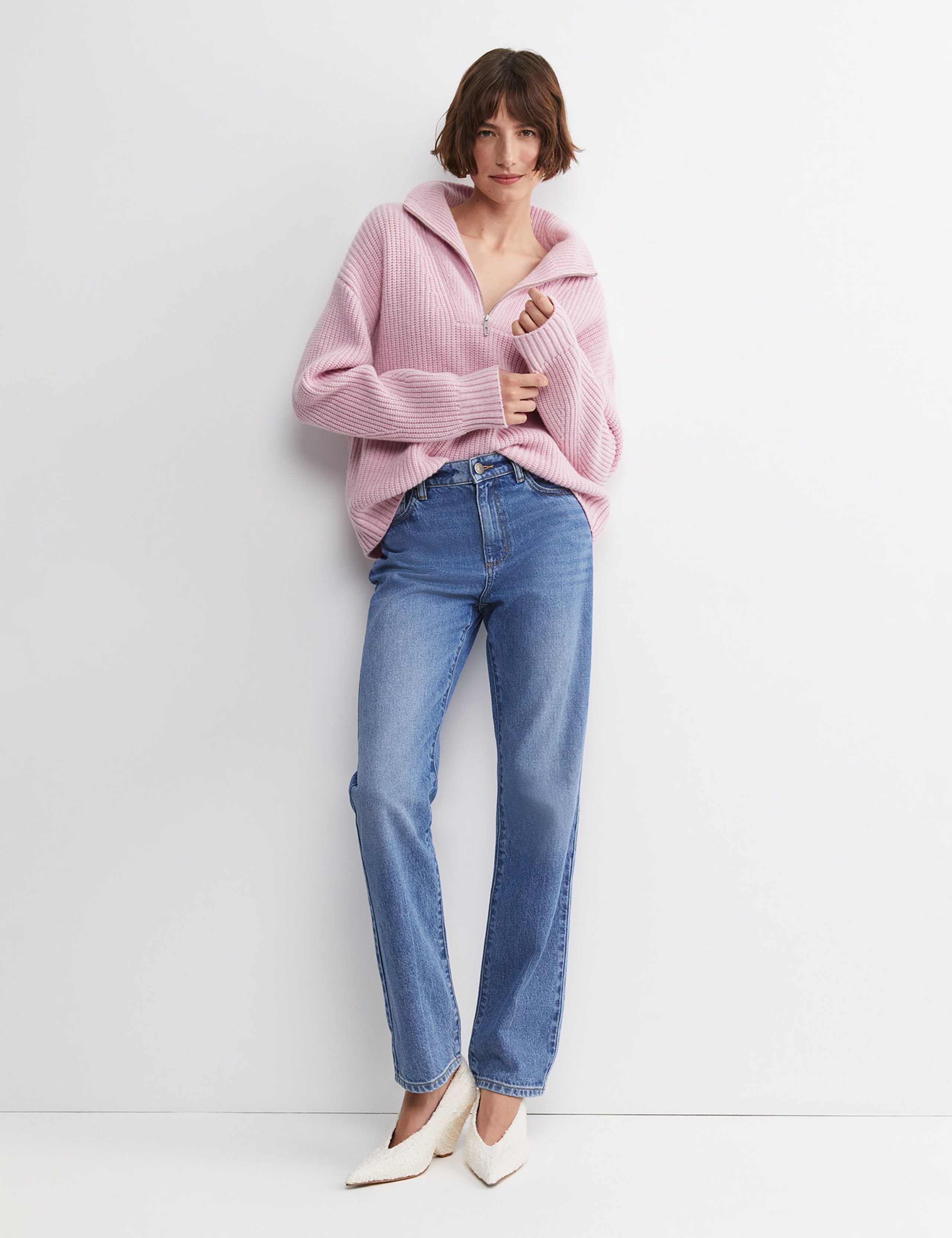 Pure Wool Ribbed Funnel Neck Half Zip Jumper 7 of 7