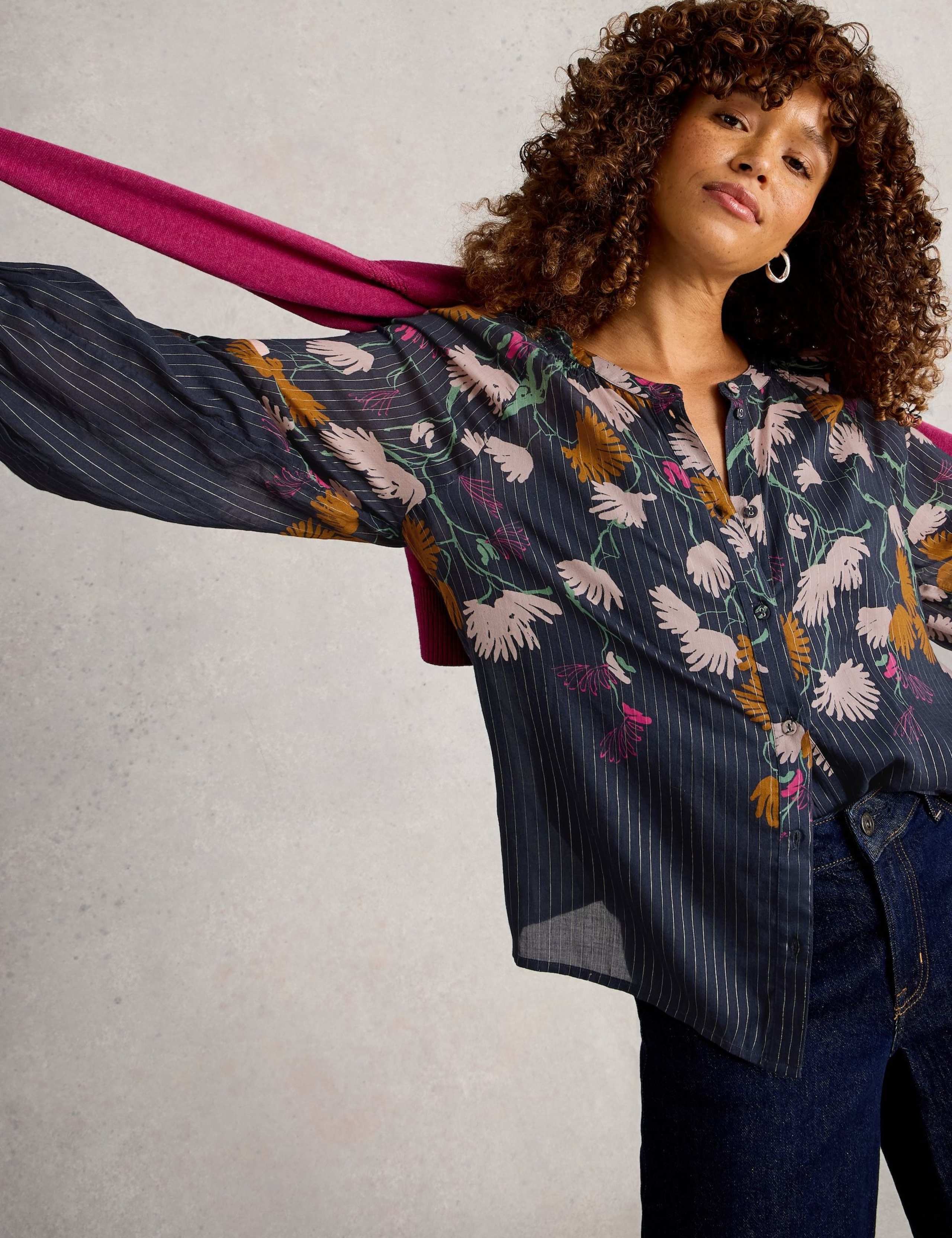 Cotton Rich Floral Metallic Striped Blouse 2 of 5
