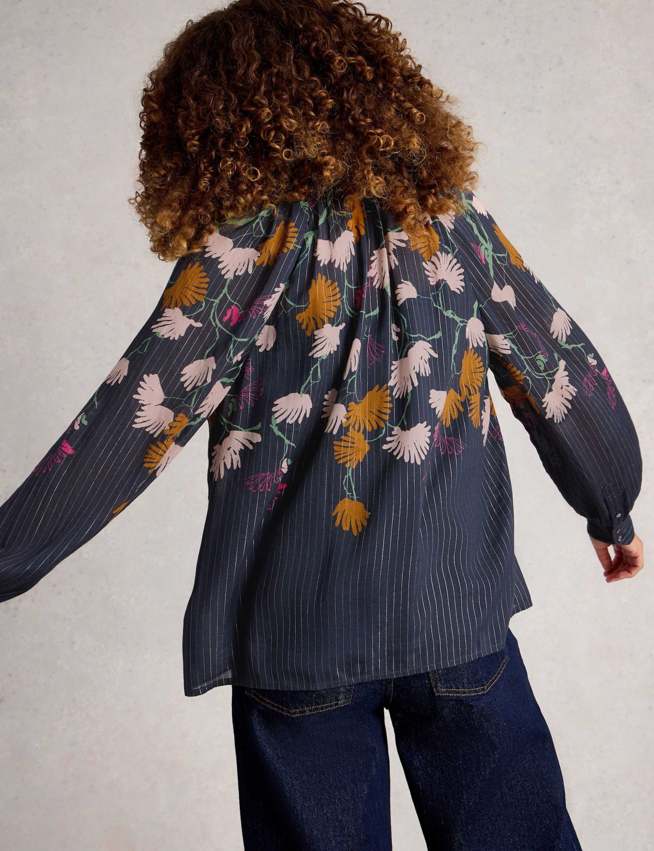 Cotton Rich Floral Metallic Striped Blouse 3 of 5