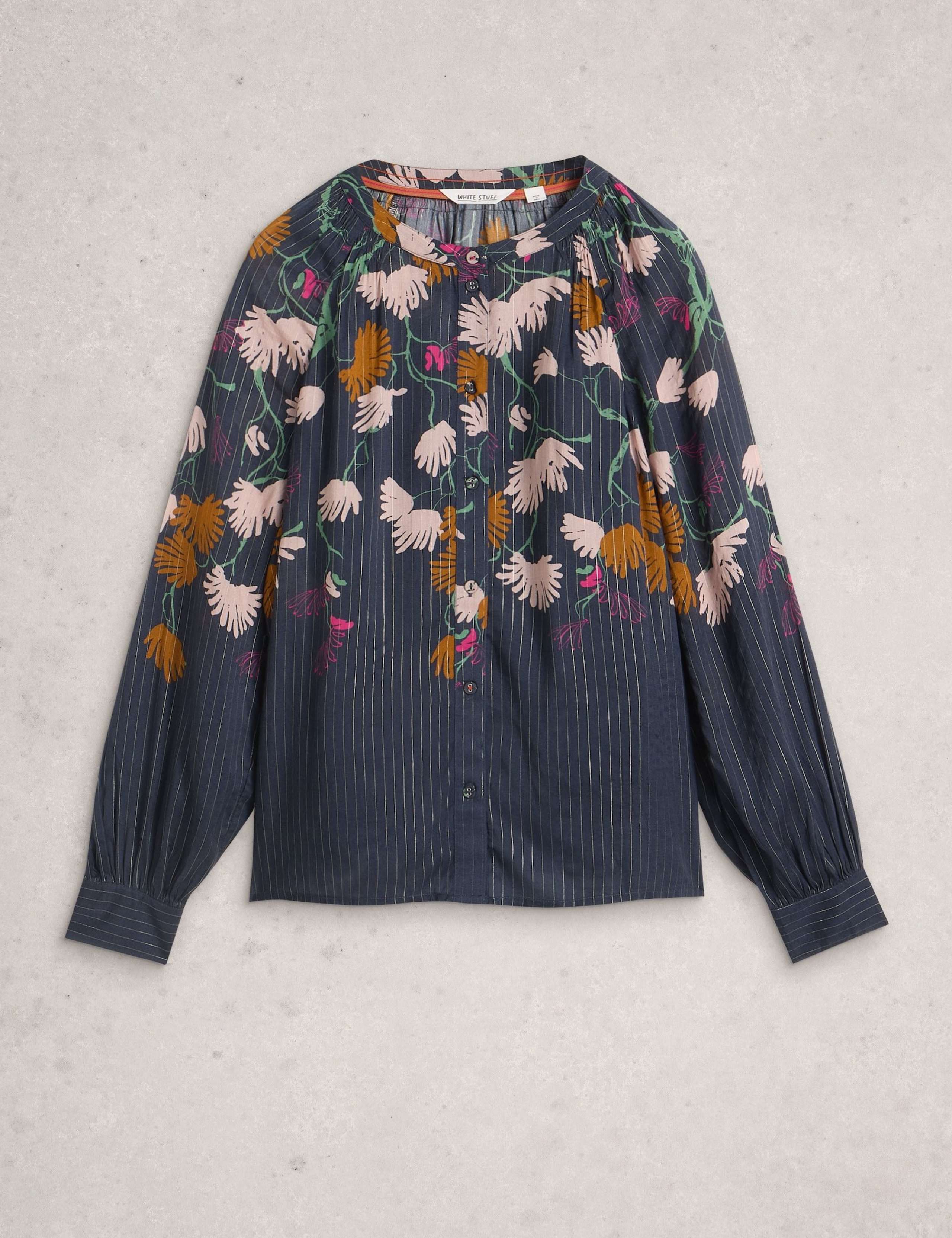 Cotton Rich Floral Metallic Striped Blouse 2 of 6