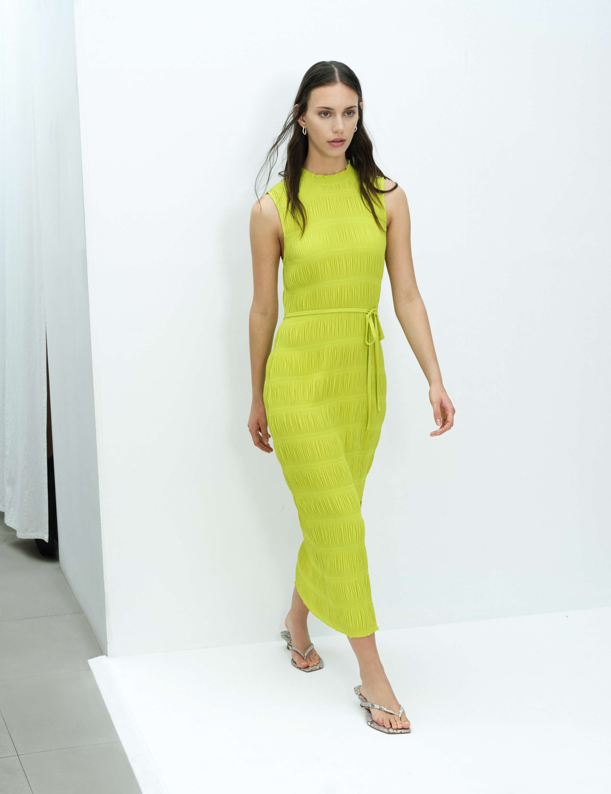 Plisse High Neck Tie Waist Midi Bodycon Dress 3 of 6