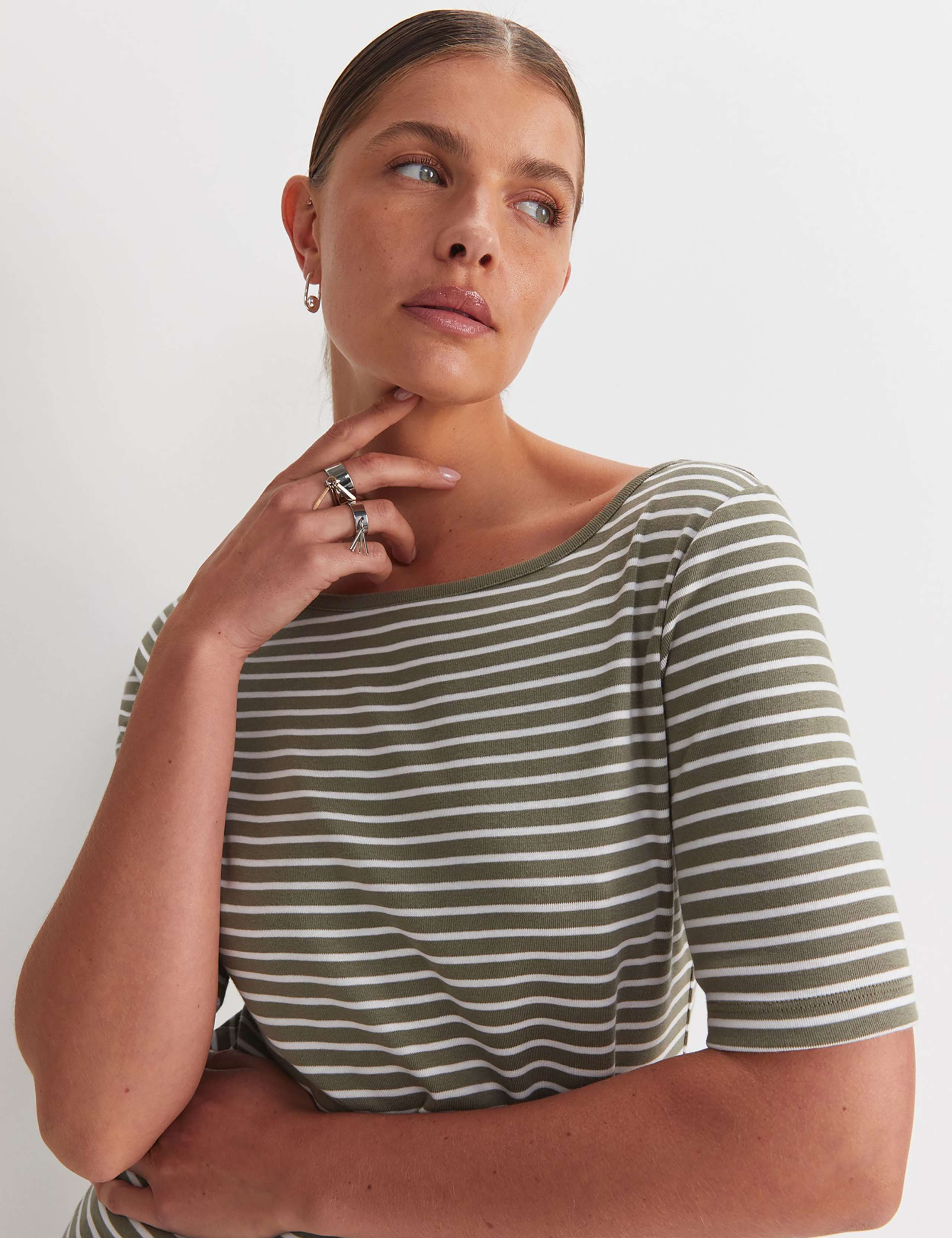 Pure Cotton Striped Slash Neck T-Shirt 2 of 6