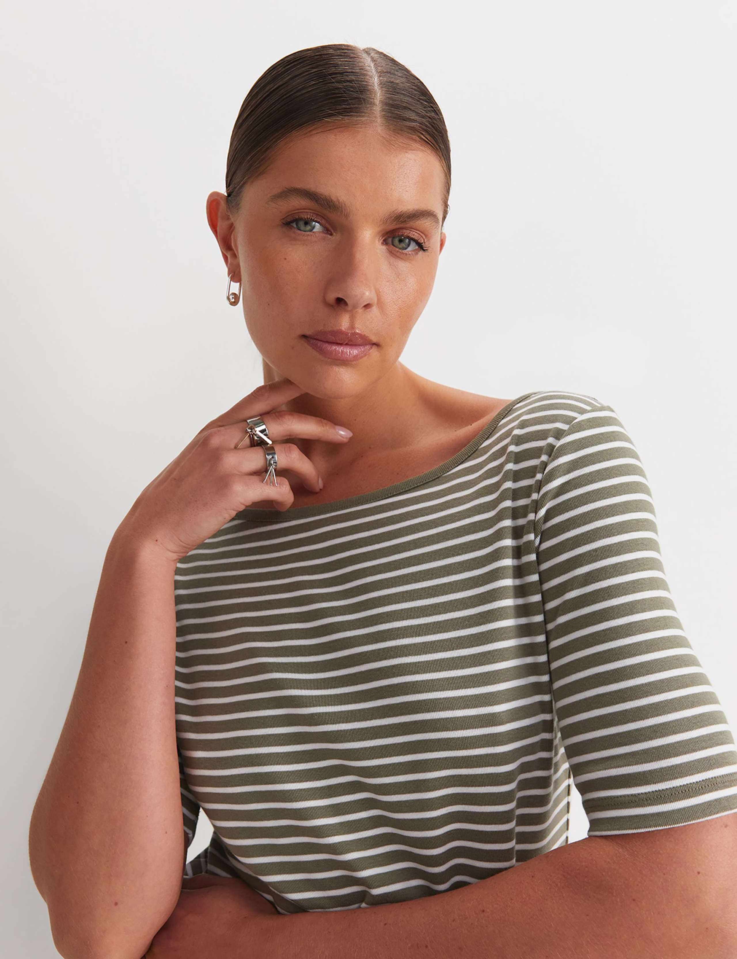 Pure Cotton Striped Slash Neck T-Shirt 6 of 6