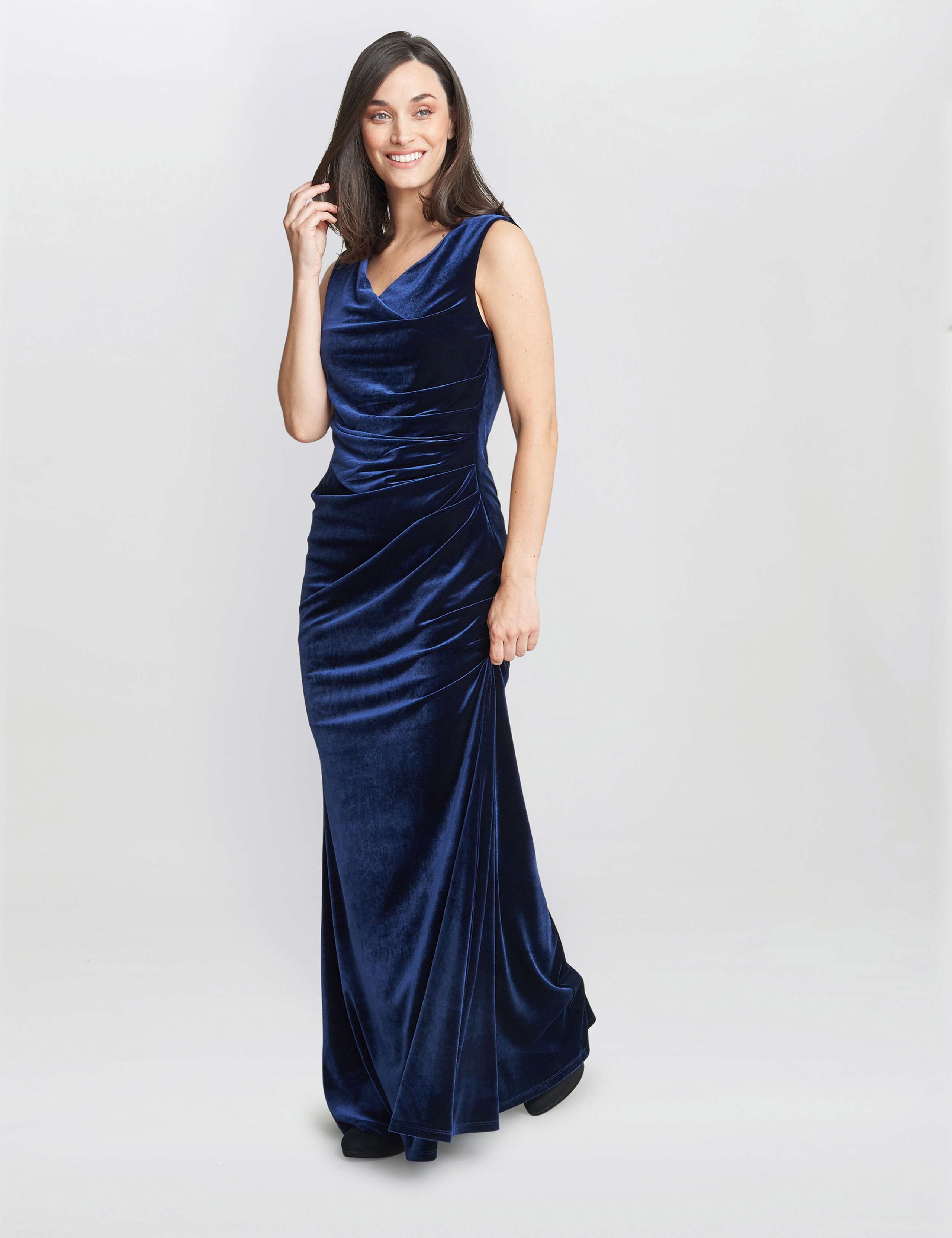 Velvet V-Neck Ruched Maxi Column Dress 1 of 5