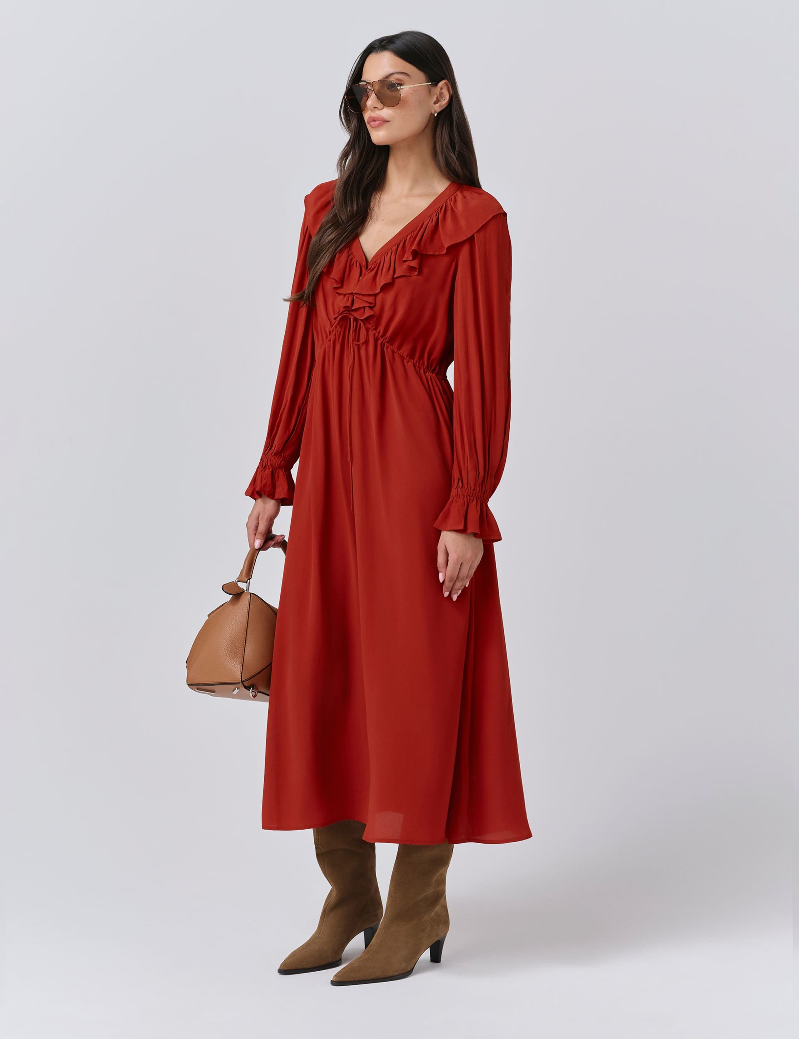 Crepe V-Neck Tie Waist Midi Dress 2 of 5