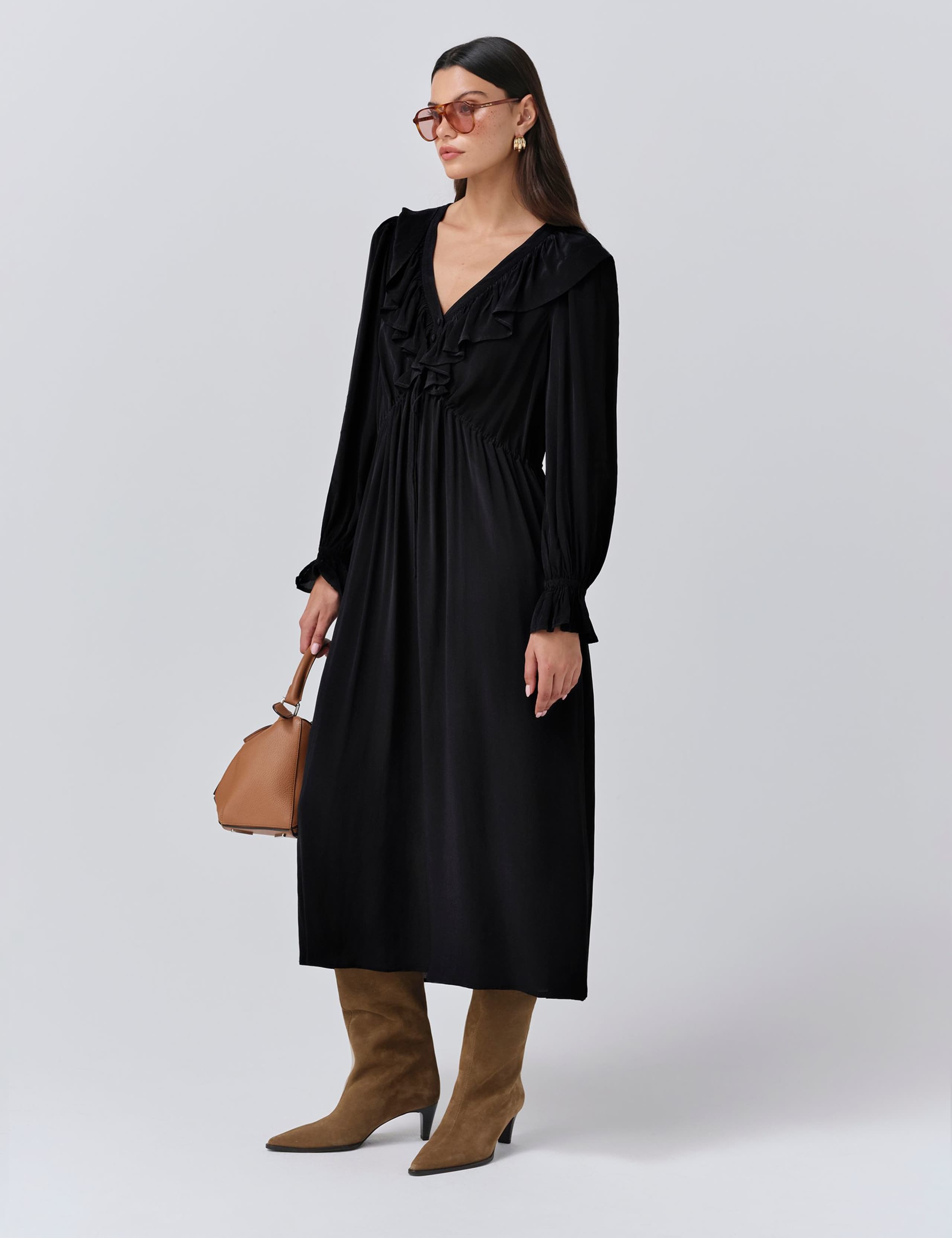 Crepe V-Neck Tie Waist Midi Dress 2 of 5