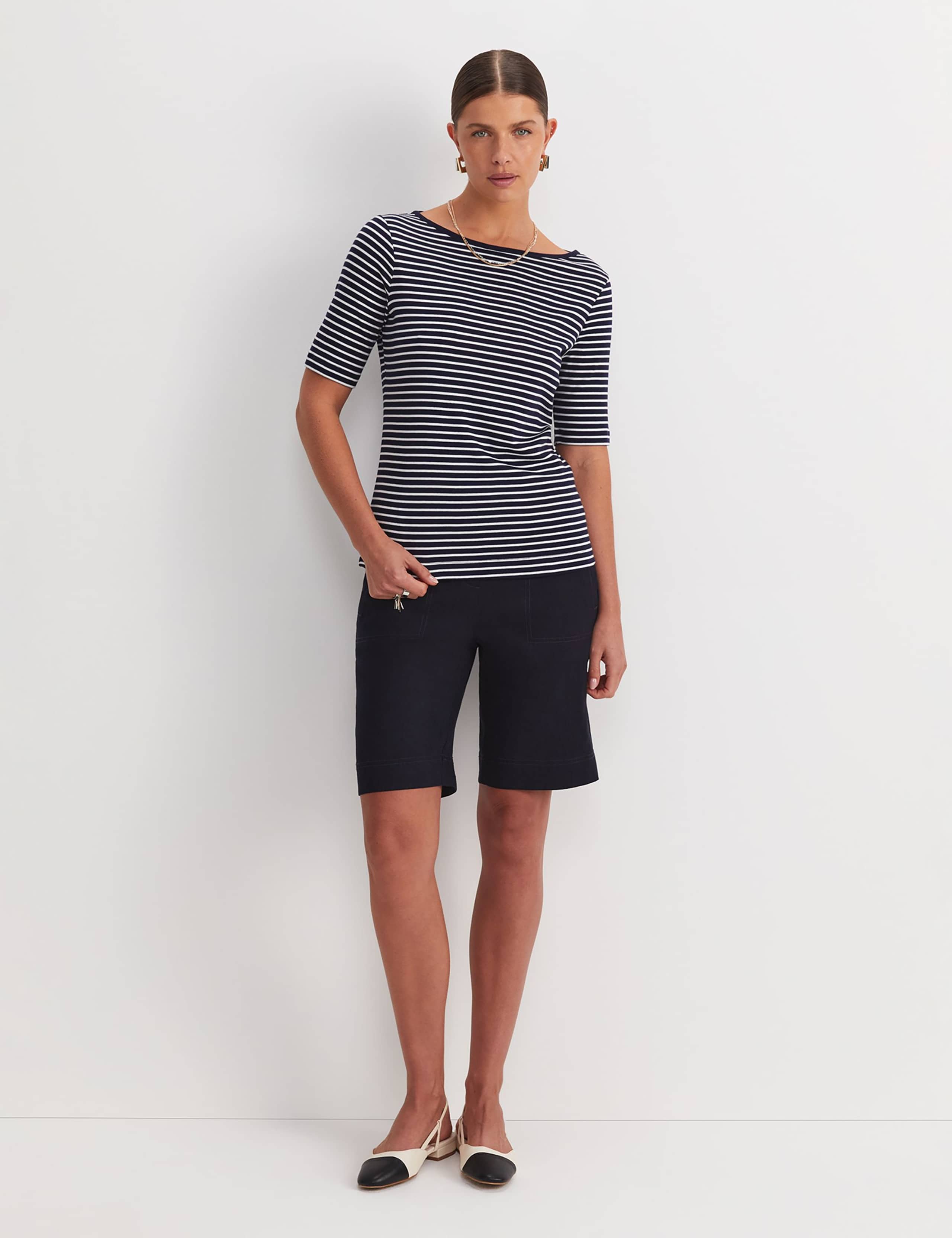 Pure Cotton Striped Slash Neck T-Shirt 2 of 4