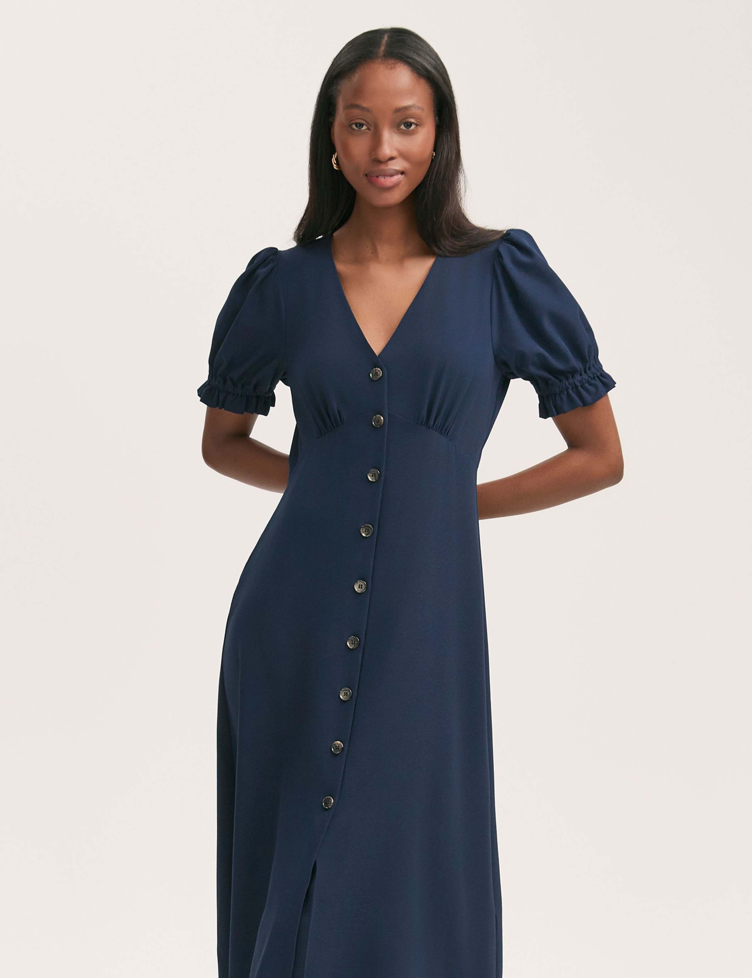 Crepe V-Neck Button Through Midi Tea Dress 3 of 4