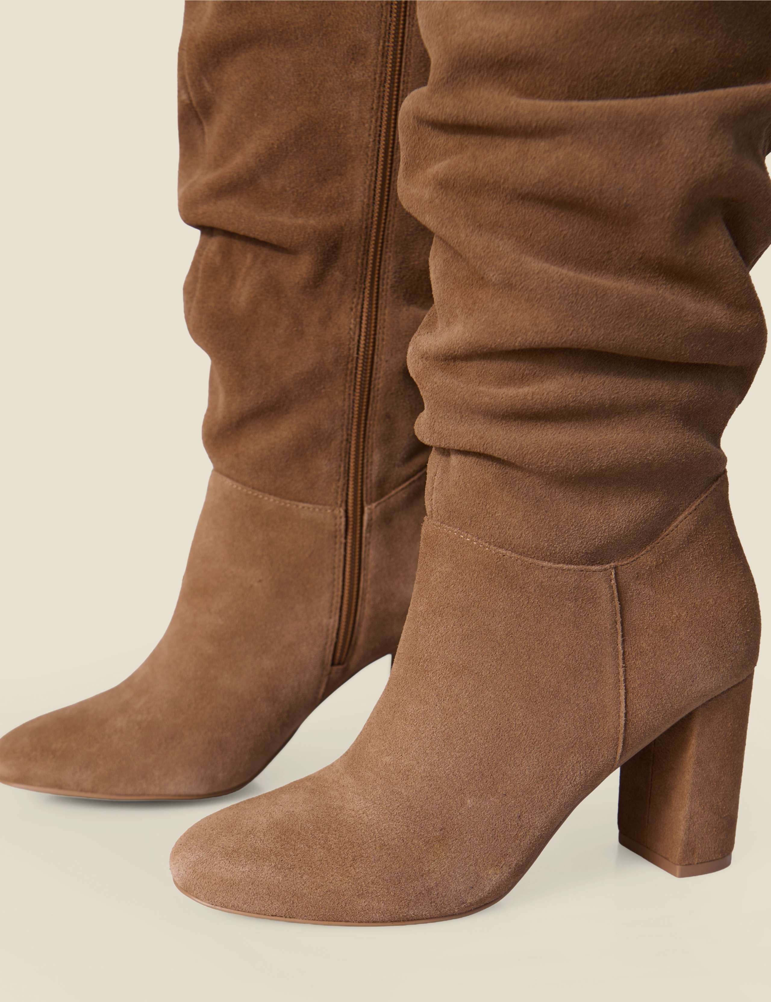 Suede Ruched Block Heel Knee High Boots 2 of 5