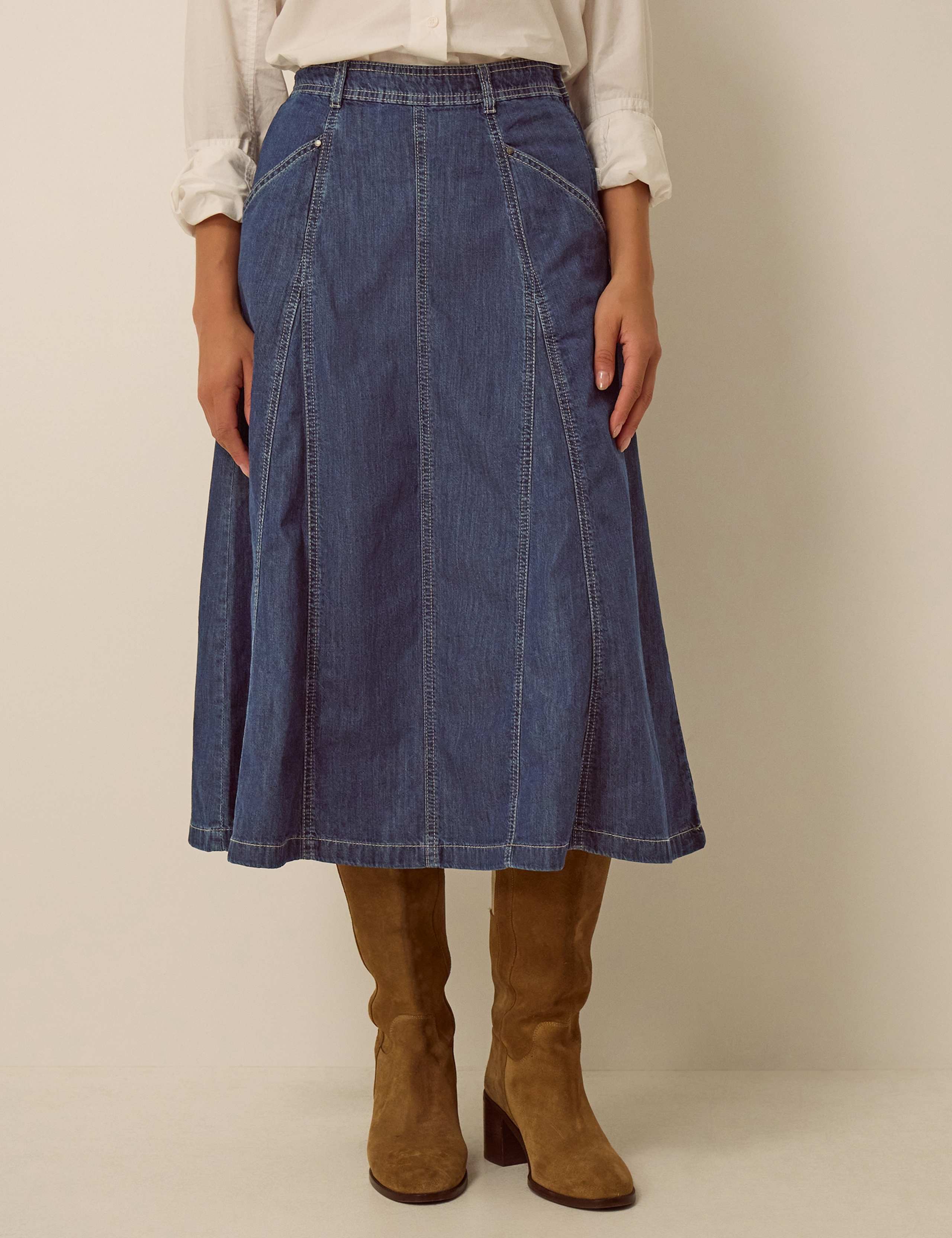 Godet Denim Midi Skirt 1 of 5