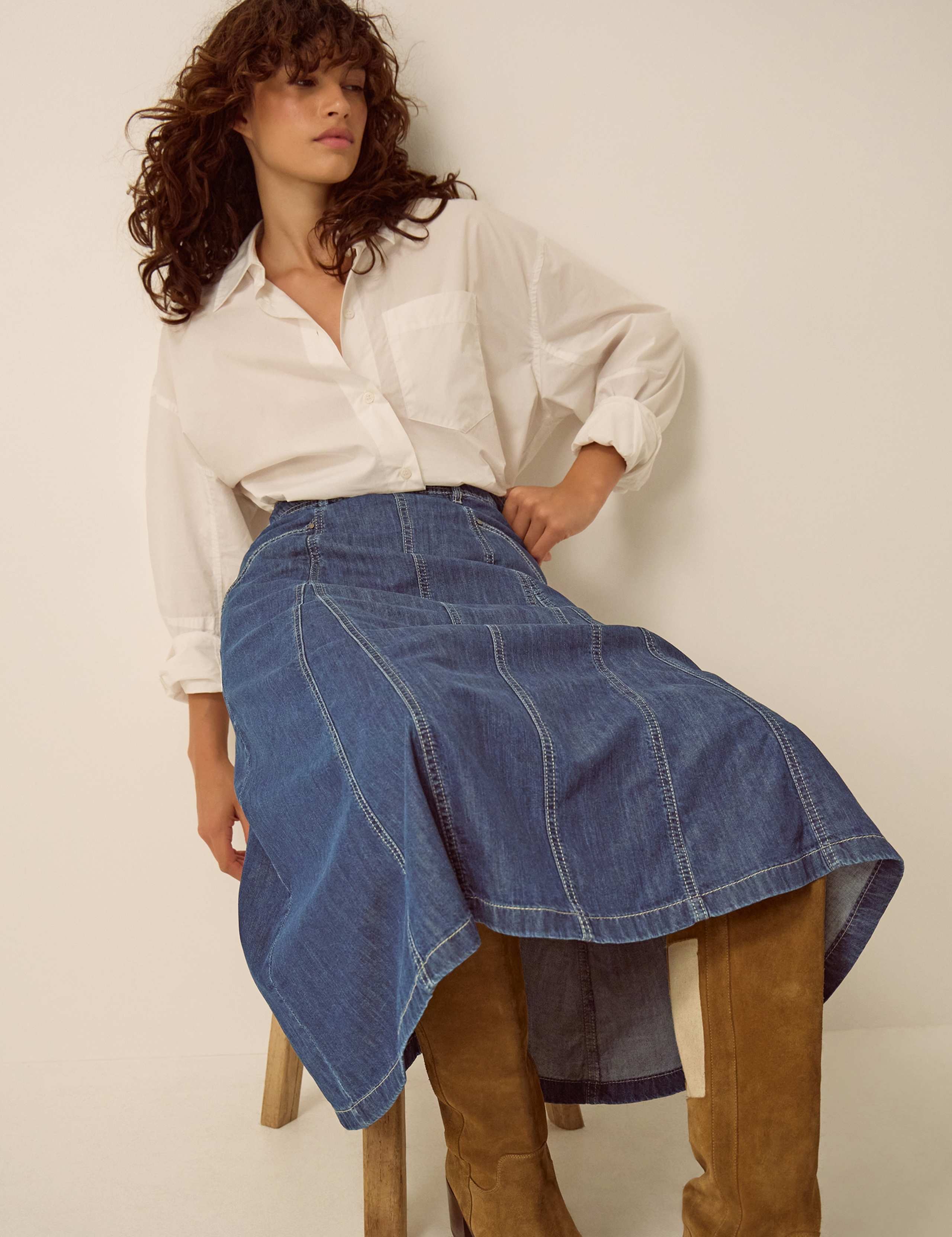 Godet Denim Midi Skirt 2 of 5