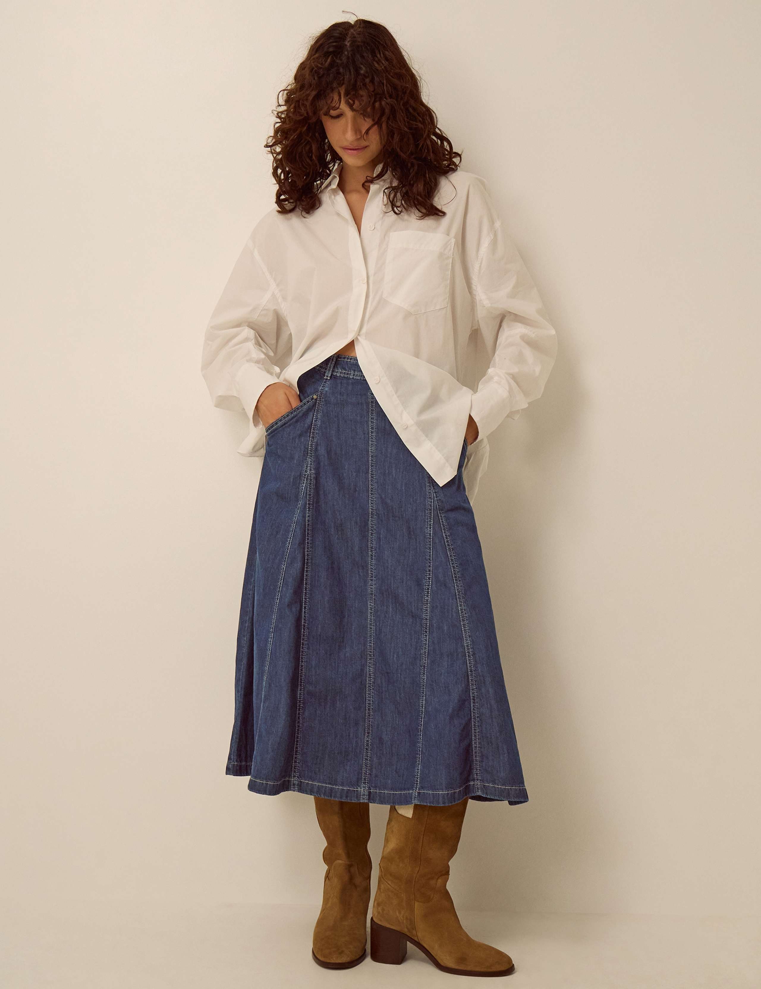 Godet Denim Midi Skirt 3 of 5