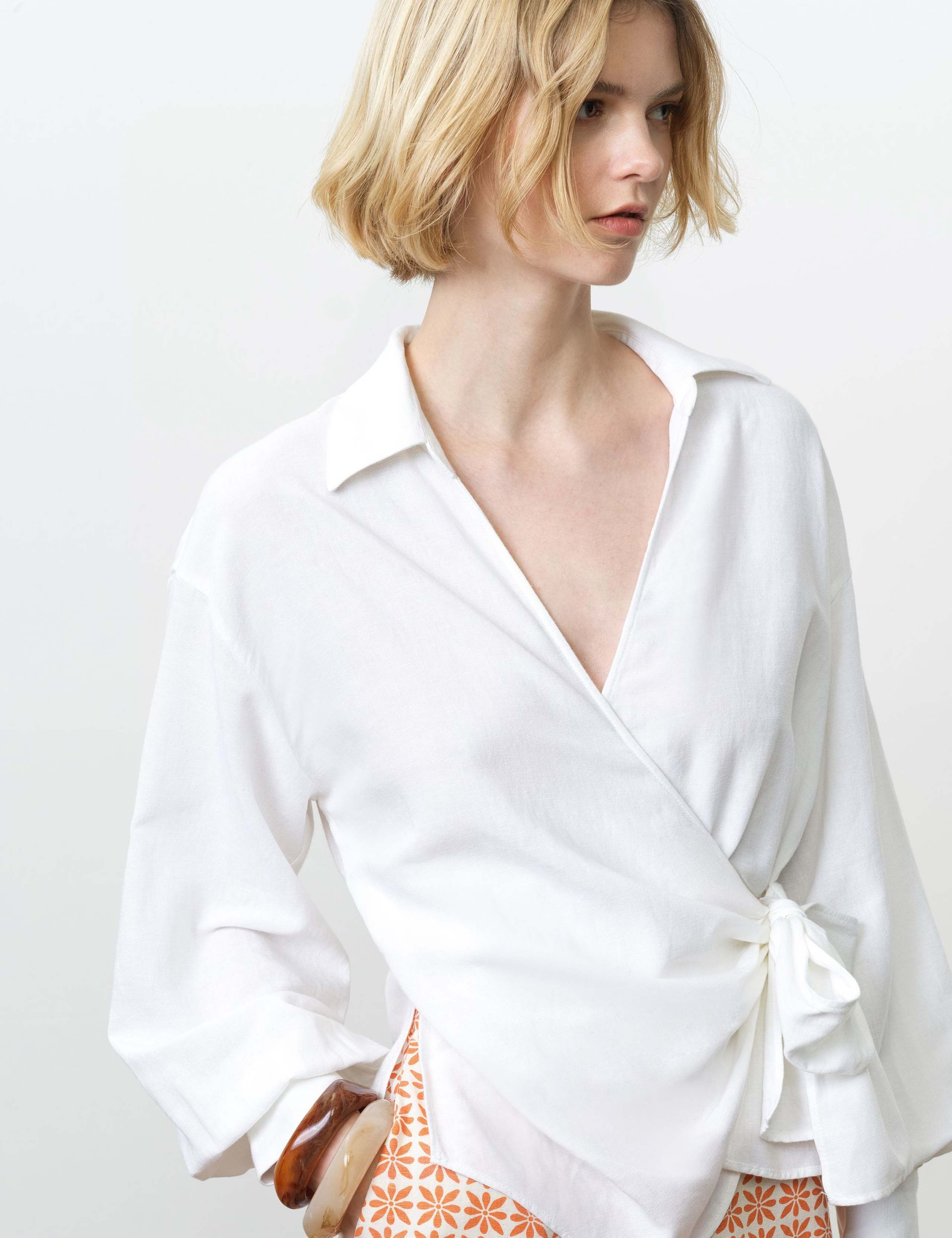 Cotton Blend Tie Front Wrap Top with Linen 5 of 5