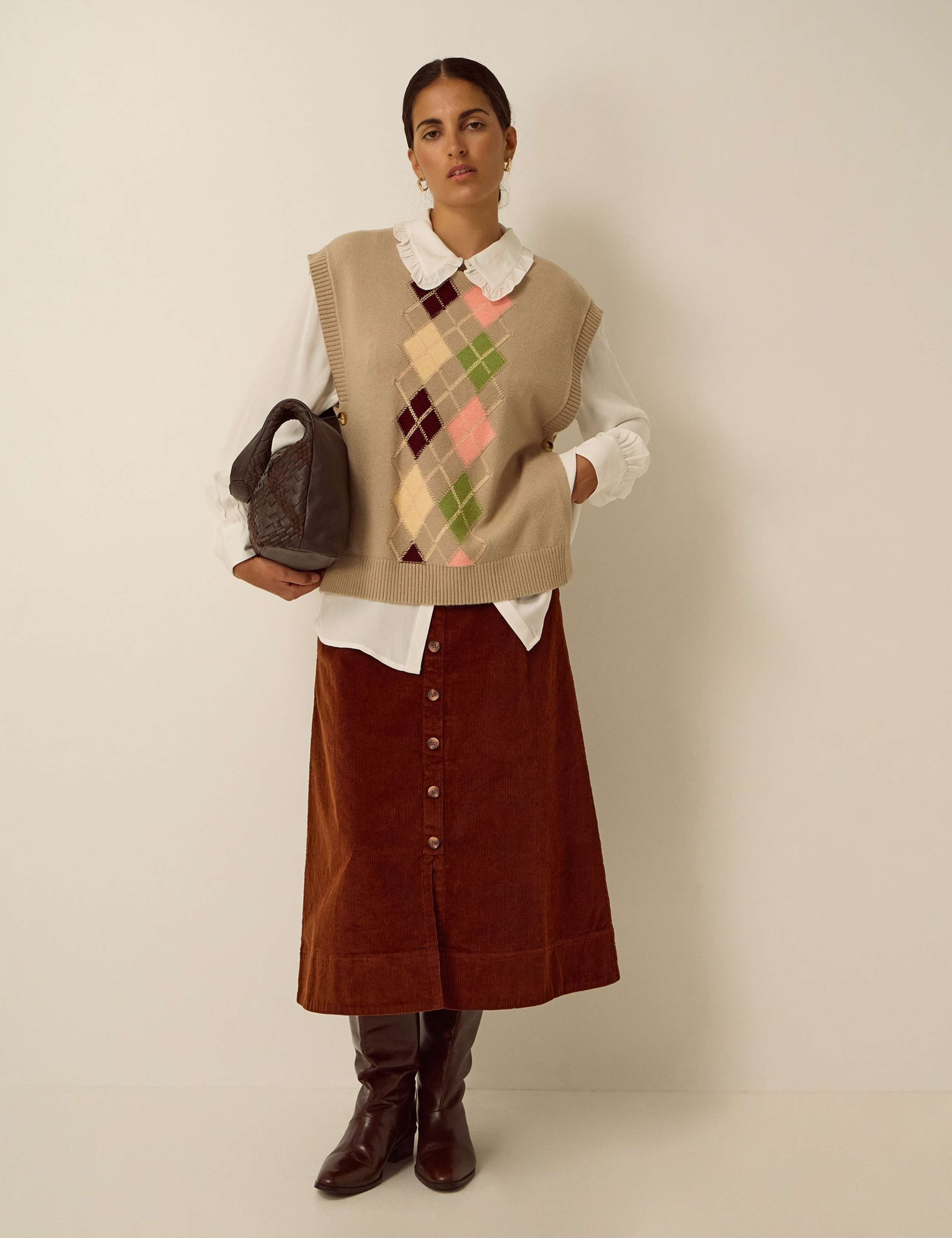 Cord Button Front A Line Midi Skirt 2 of 4