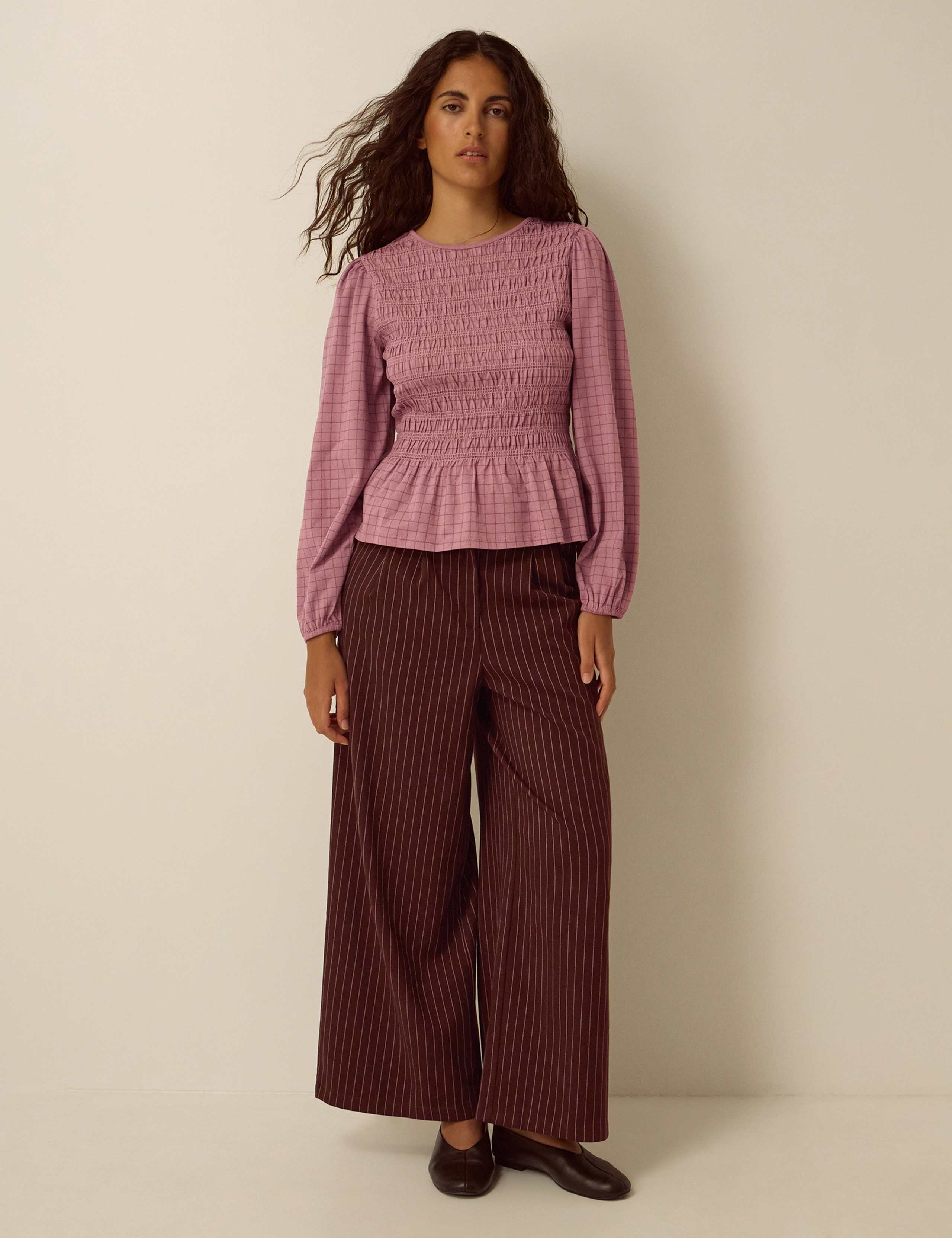 Pure Cotton Checked Shirred Peplum Blouse 2 of 4