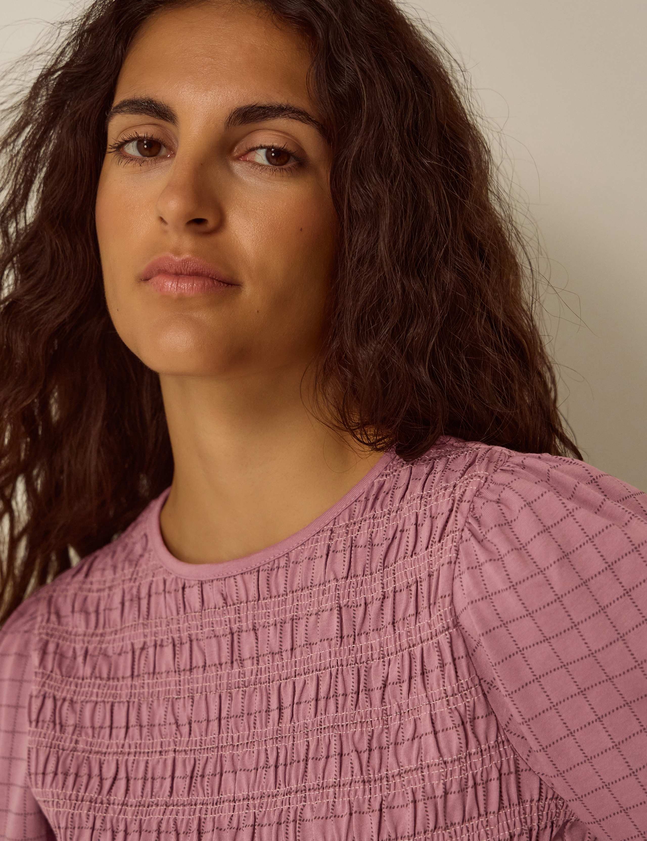 Pure Cotton Checked Shirred Peplum Blouse 3 of 4