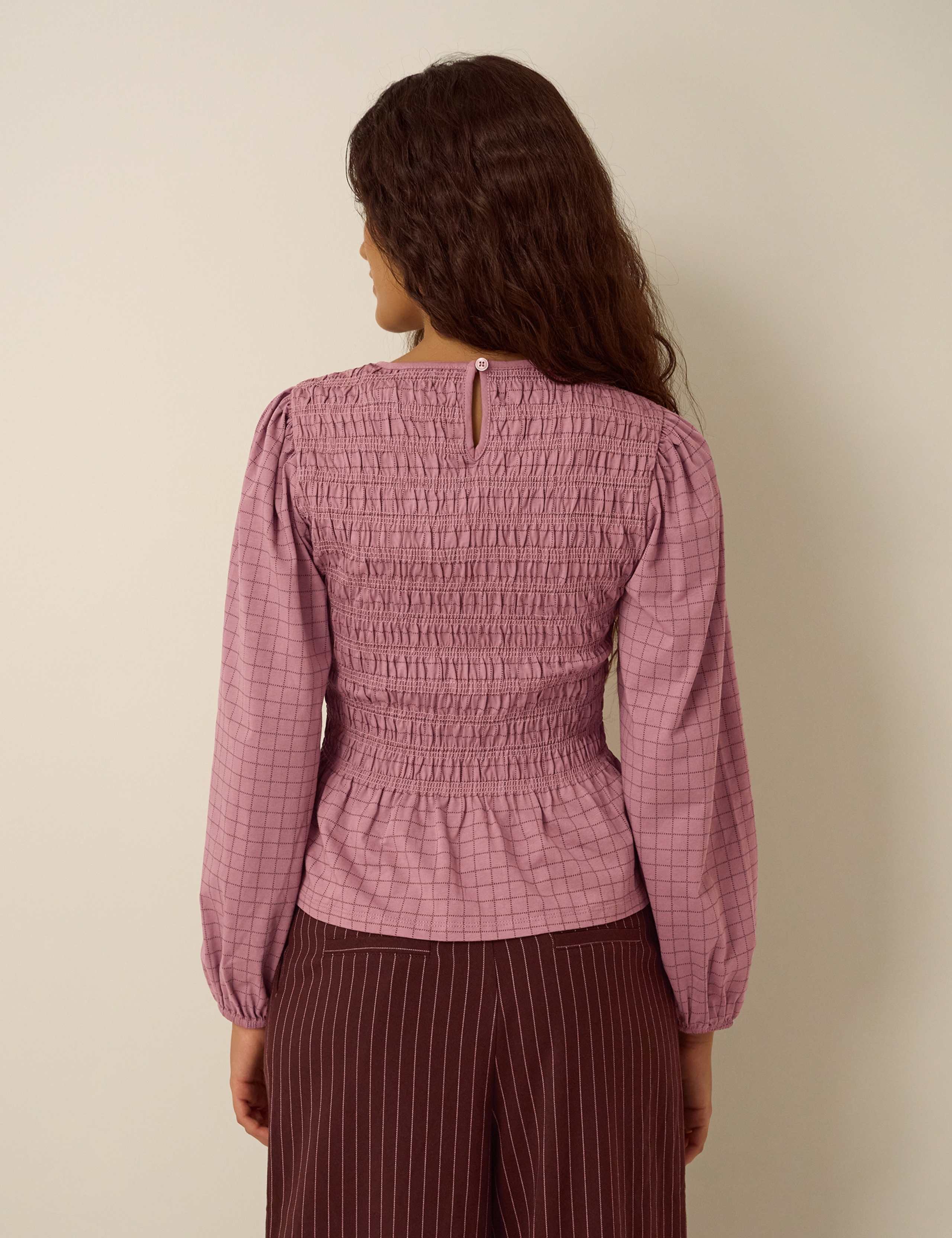 Pure Cotton Checked Shirred Peplum Blouse 4 of 4