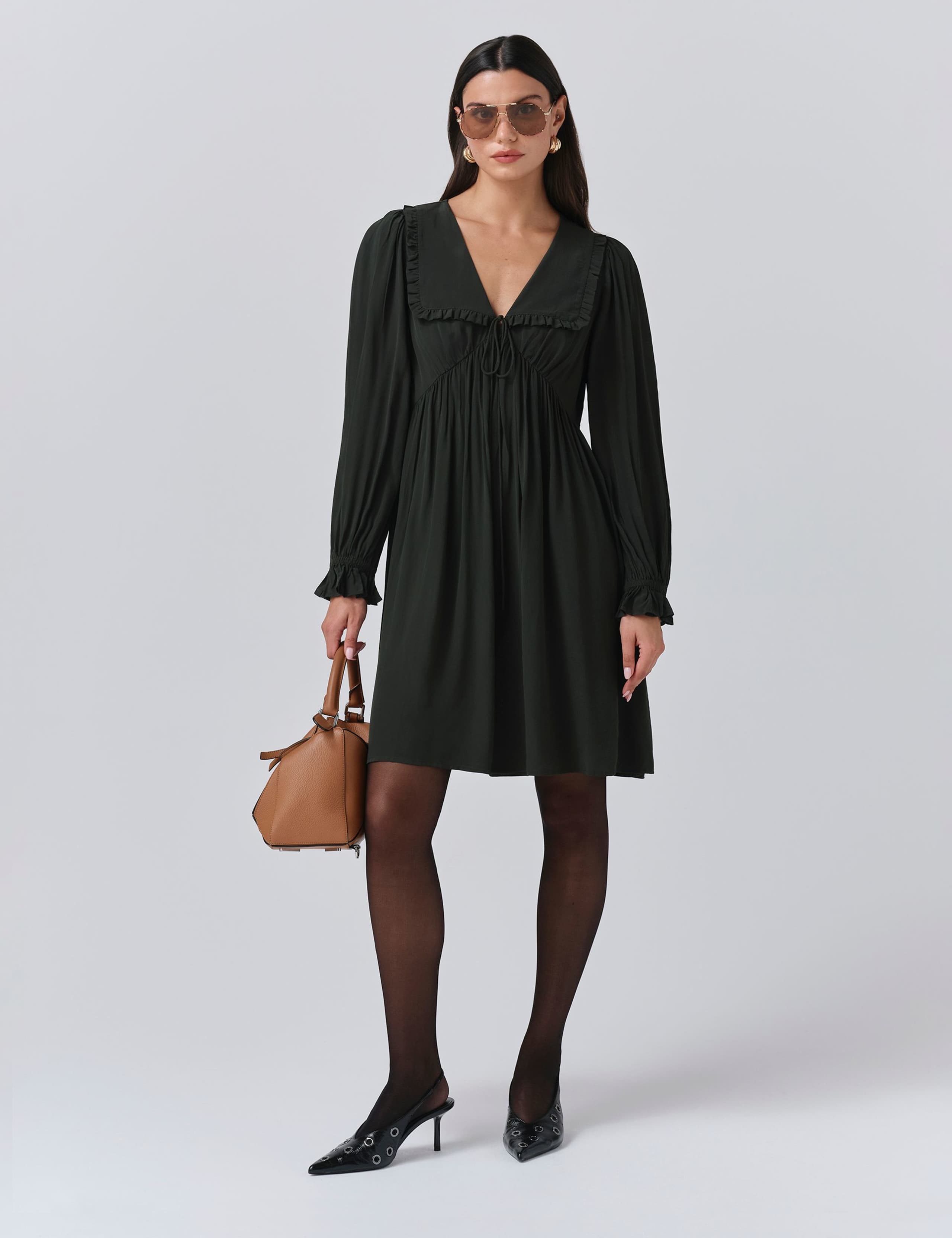 Crepe V-Neck Frill Collar Mini Smock Dress 1 of 5