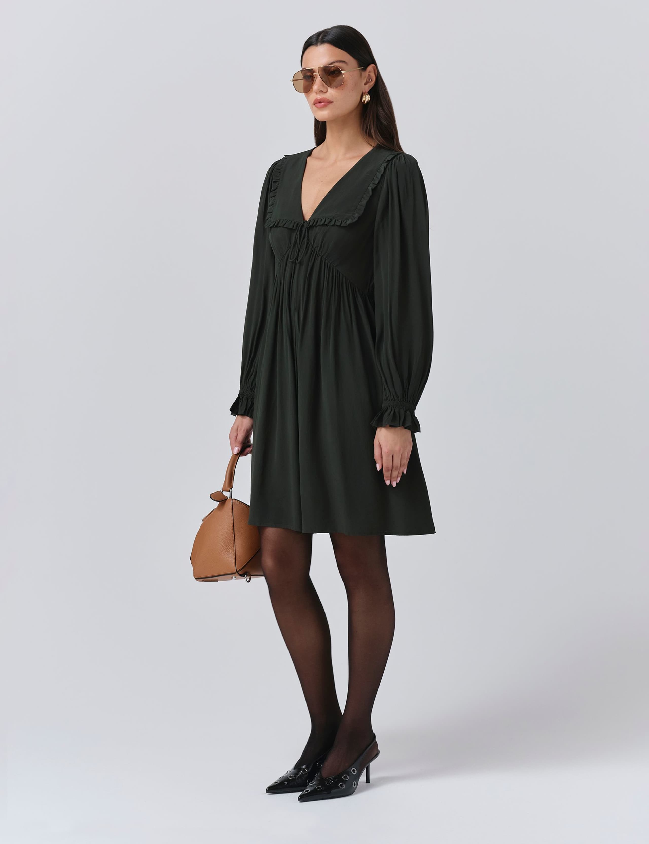 Crepe V-Neck Frill Collar Mini Smock Dress 2 of 5