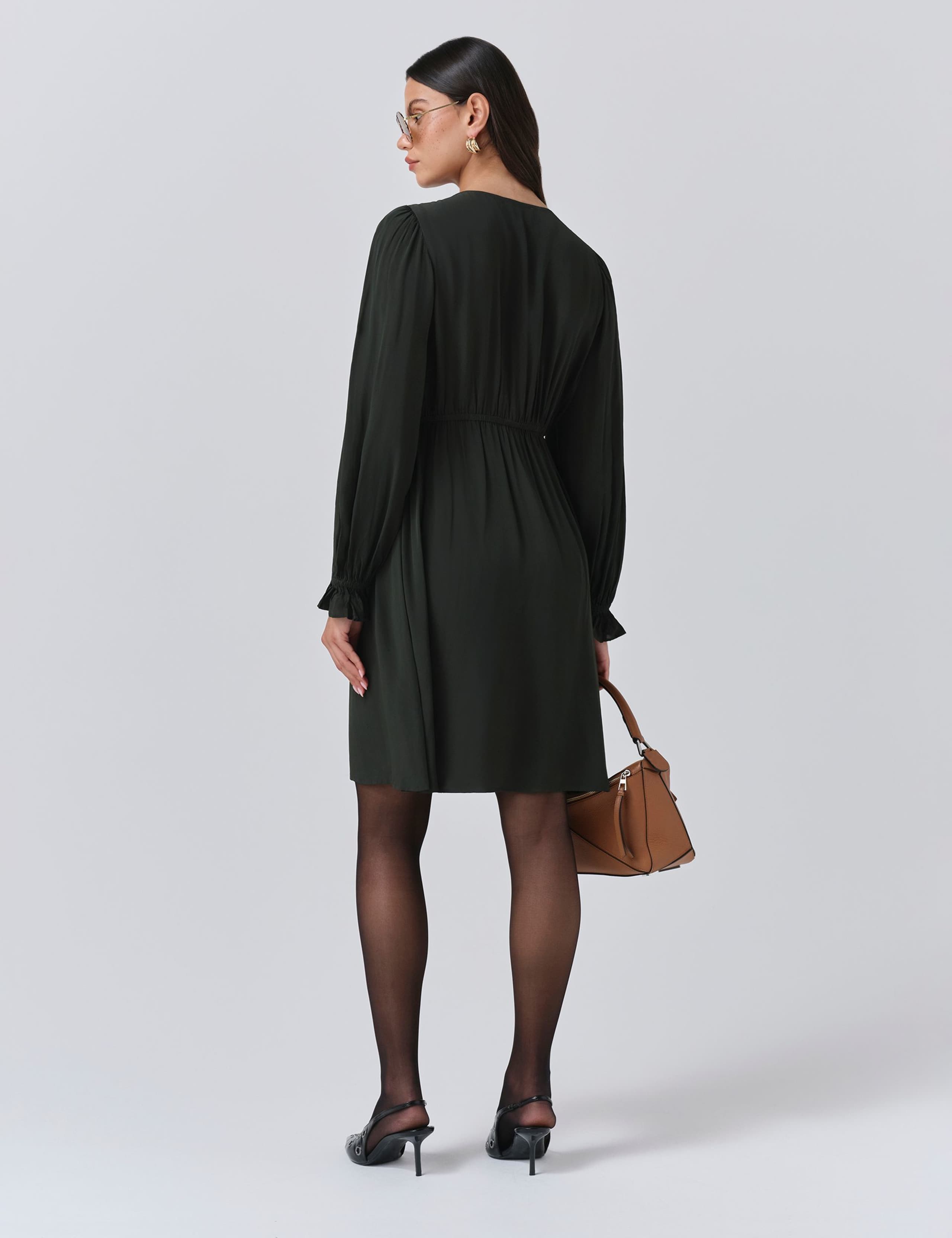Crepe V-Neck Frill Collar Mini Smock Dress 3 of 5