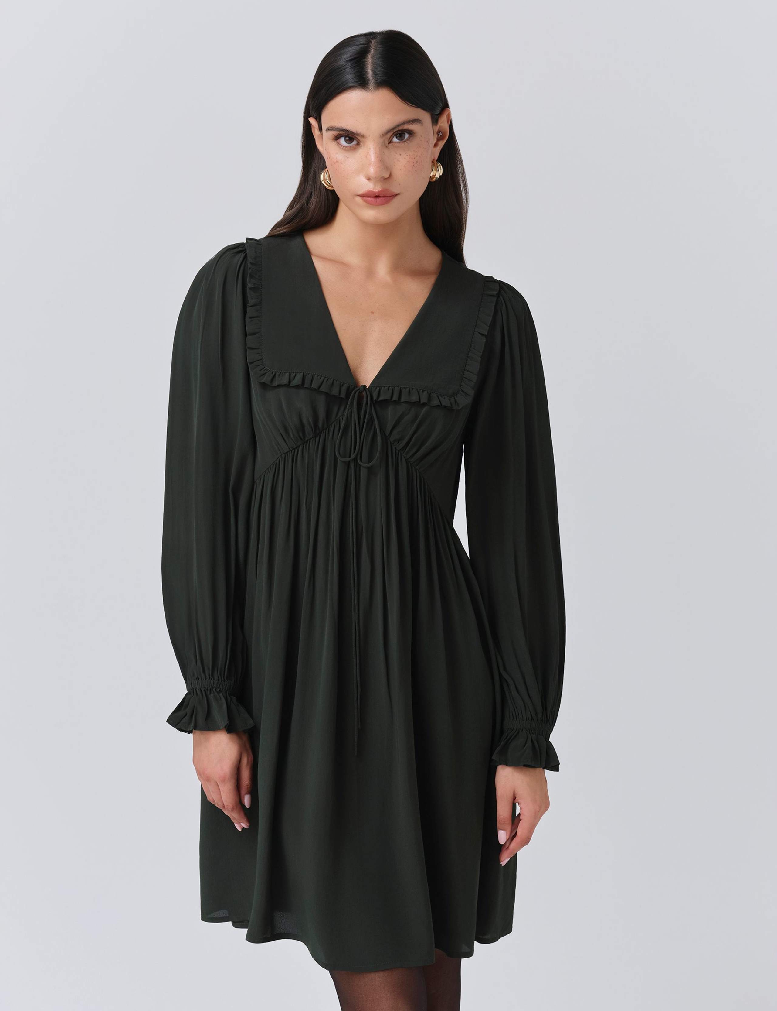 Crepe V-Neck Frill Collar Mini Smock Dress 4 of 5