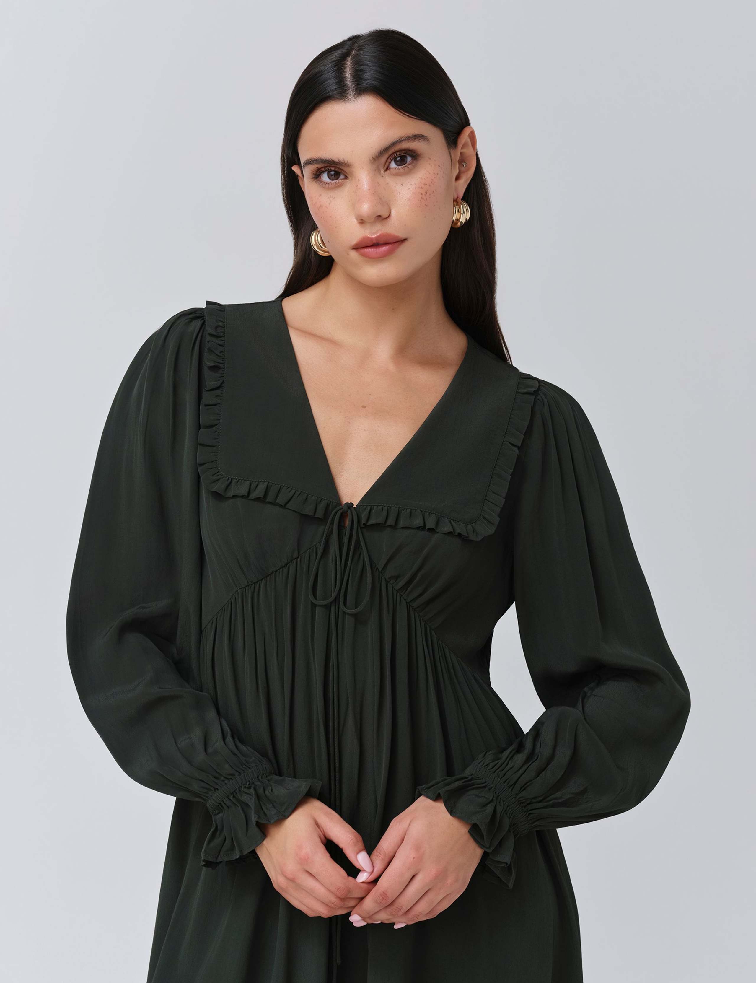 Crepe V-Neck Frill Collar Mini Smock Dress 5 of 5