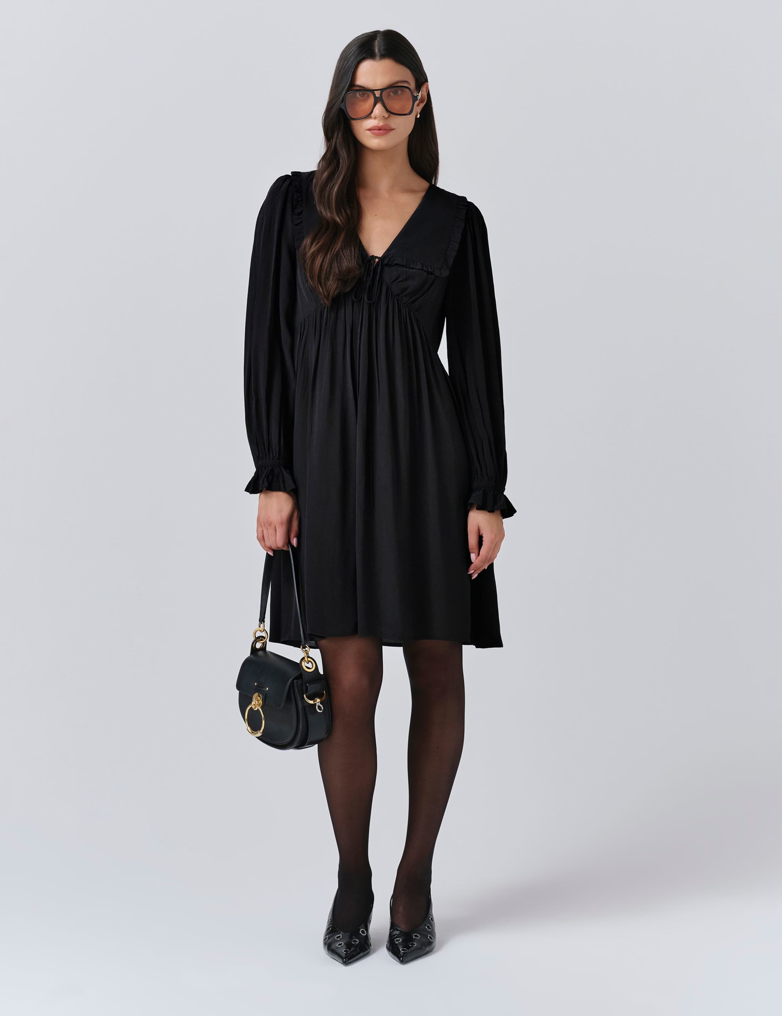 Crepe V-Neck Frill Collar Mini Smock Dress 1 of 5