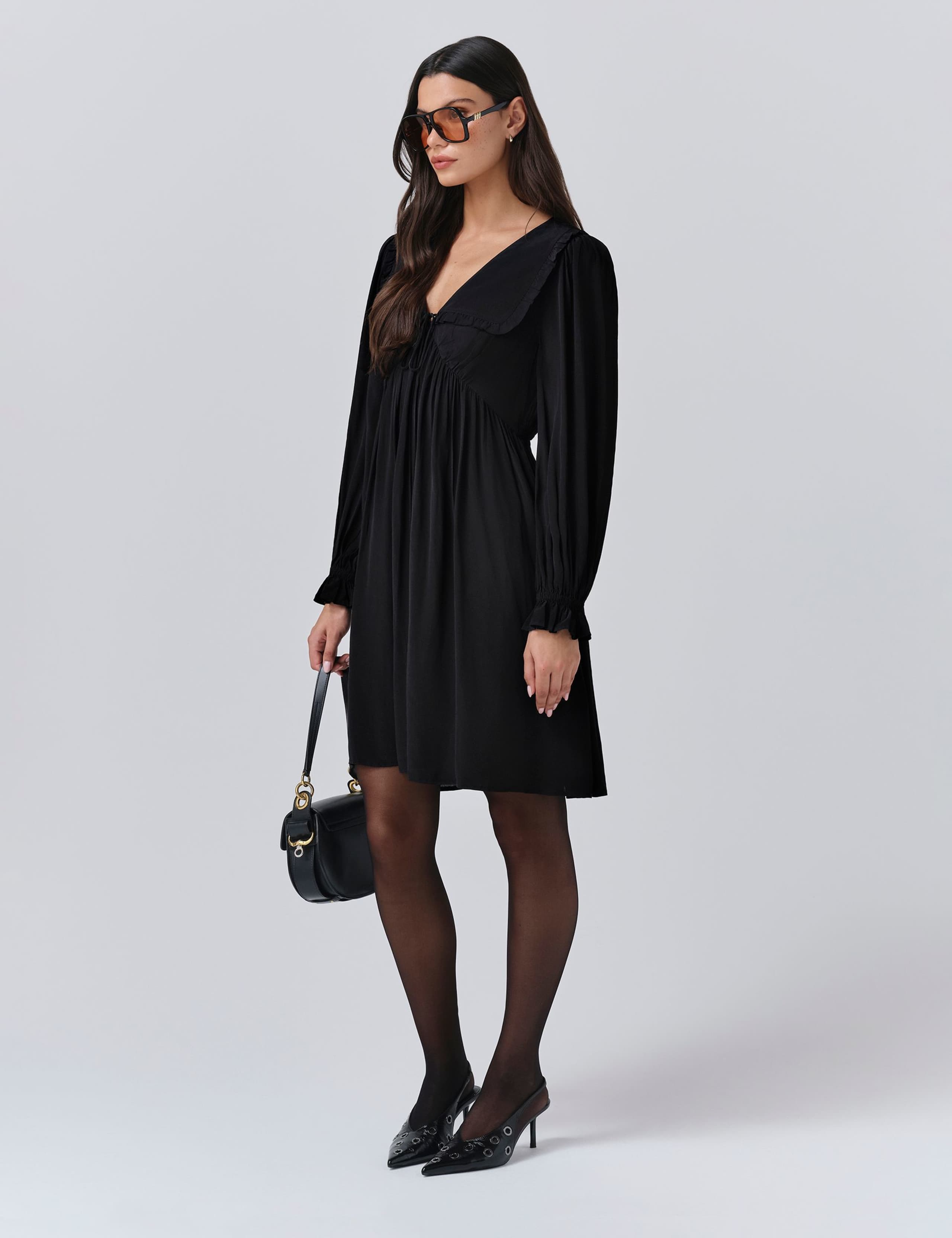 Crepe V-Neck Frill Collar Mini Smock Dress 2 of 5