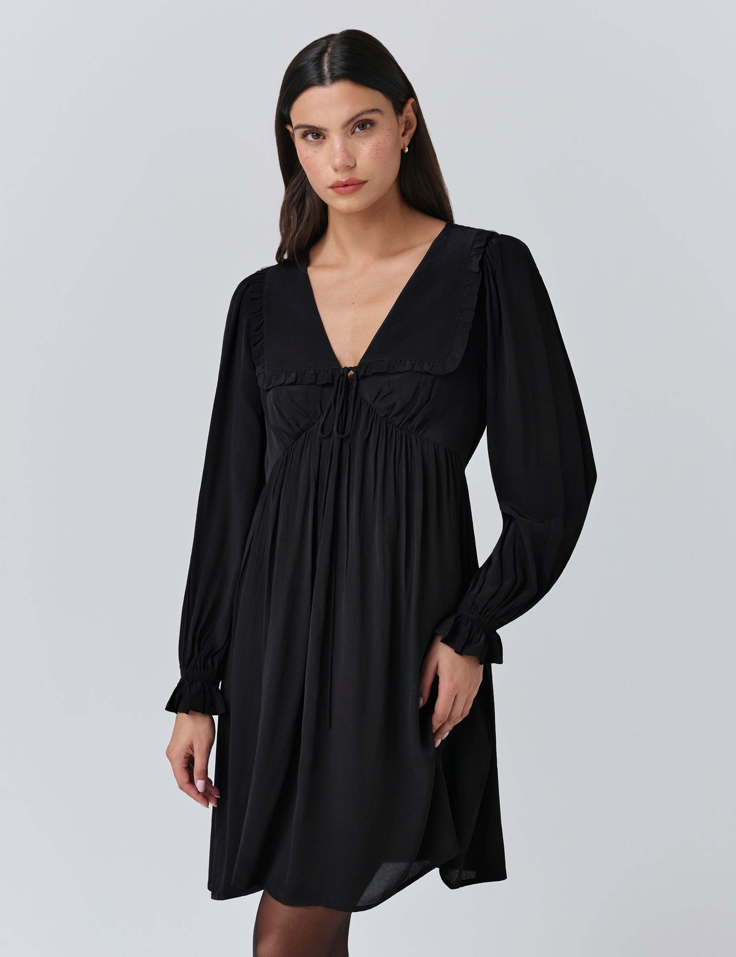 Crepe V-Neck Frill Collar Mini Smock Dress 4 of 5