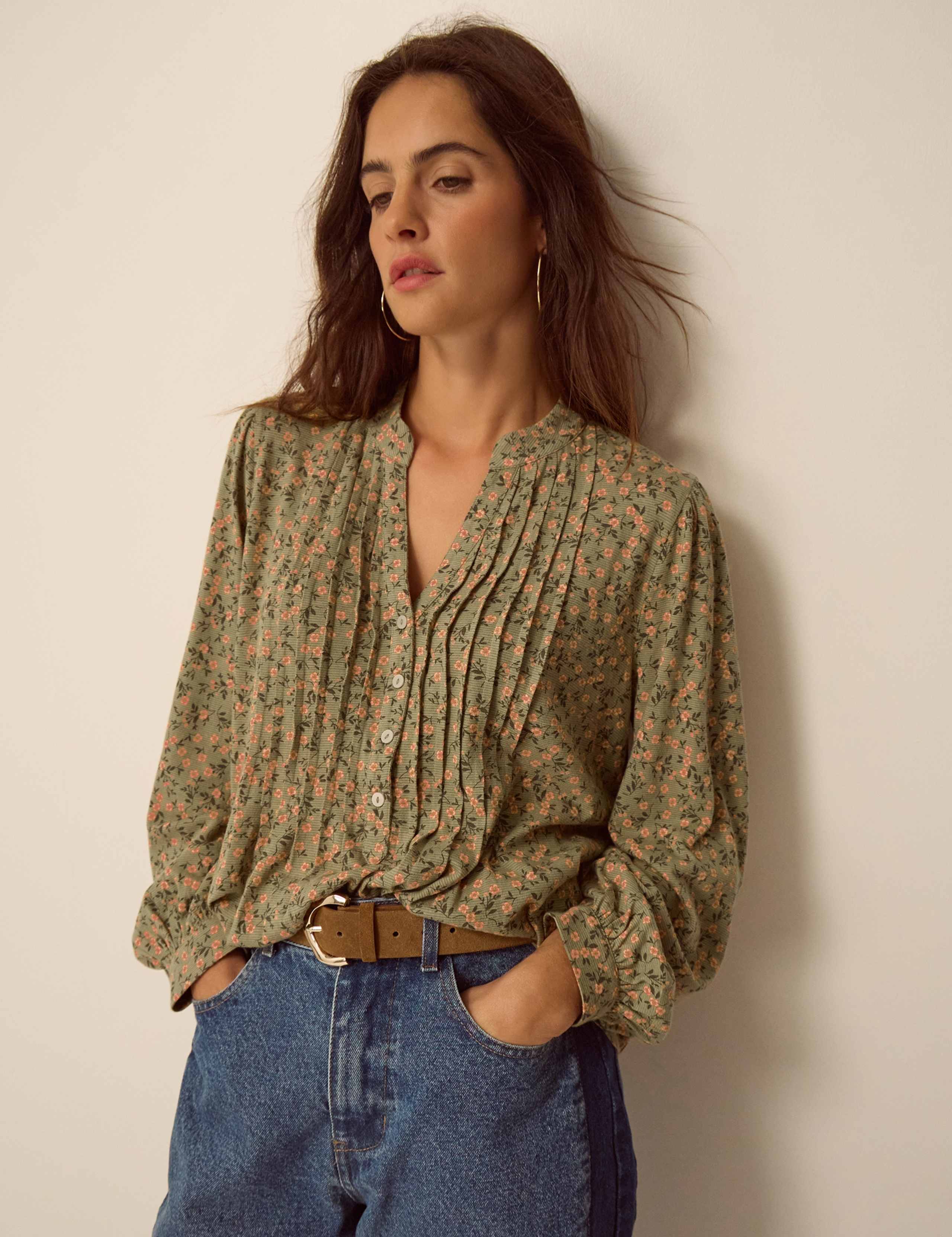 Cotton Rich Ditsy Floral V-Neck Blouse 1 of 5