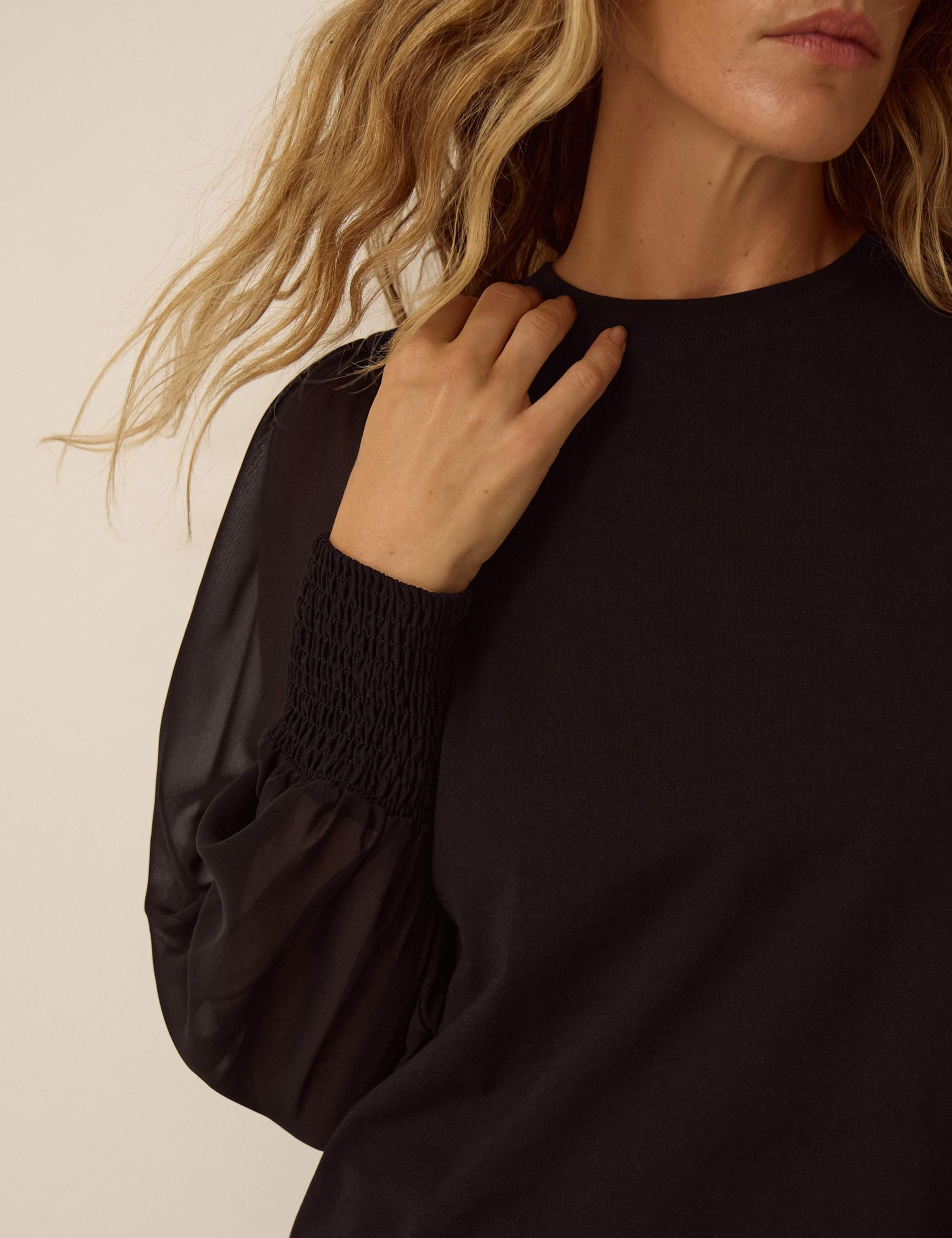 Cotton Rich Crew Neck Blouson Sleeve Blouse 3 of 4