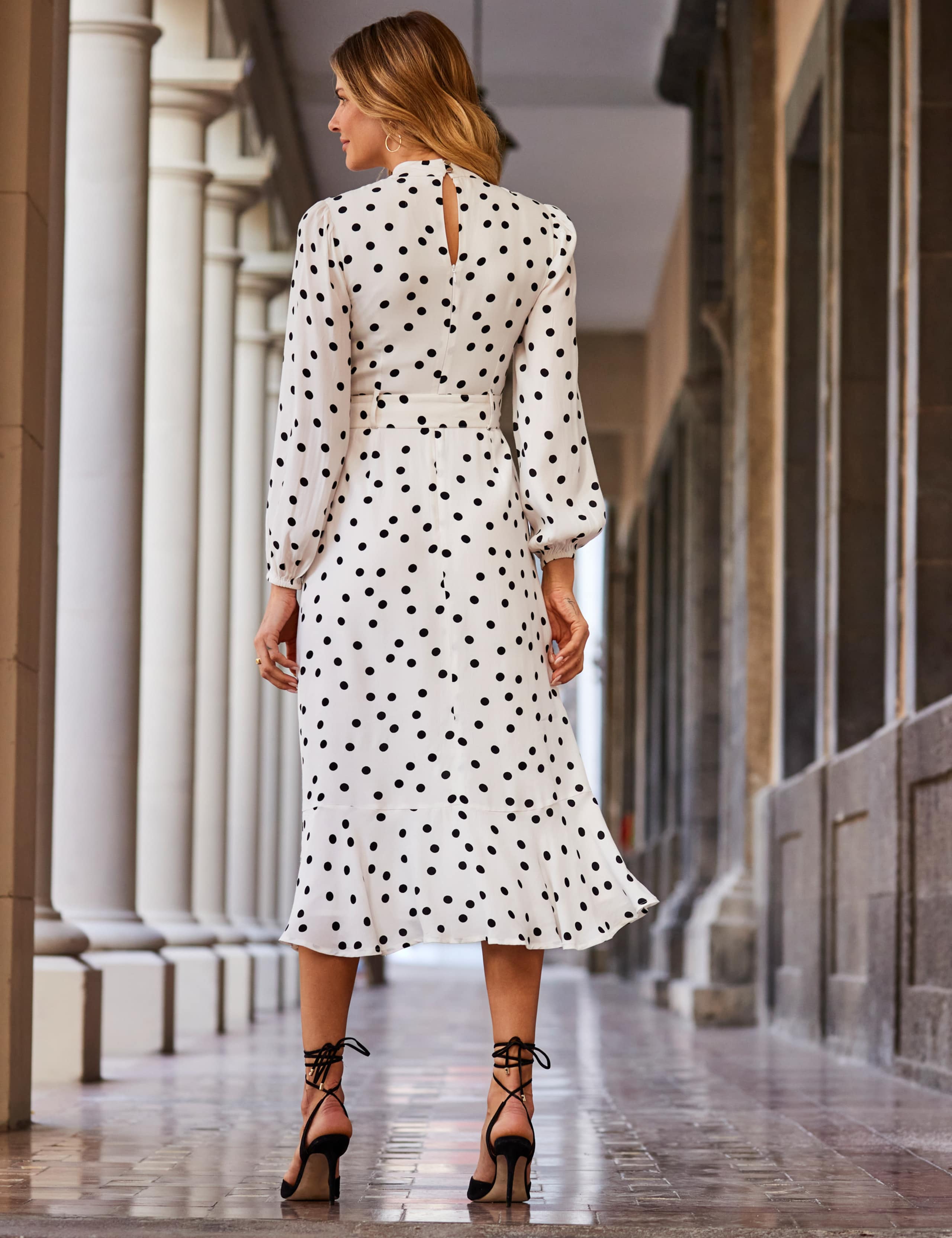 Polka Dot High Neck Belted Midi Skater Dress 3 of 6