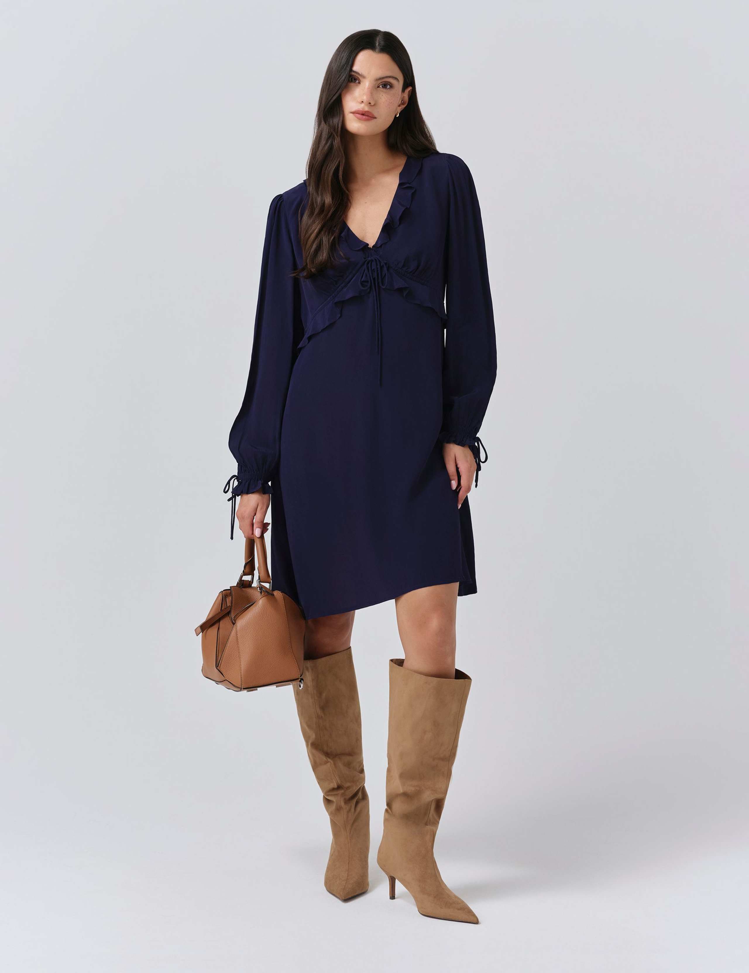 Crepe V-Neck Frill Detail Mini Dress 1 of 5