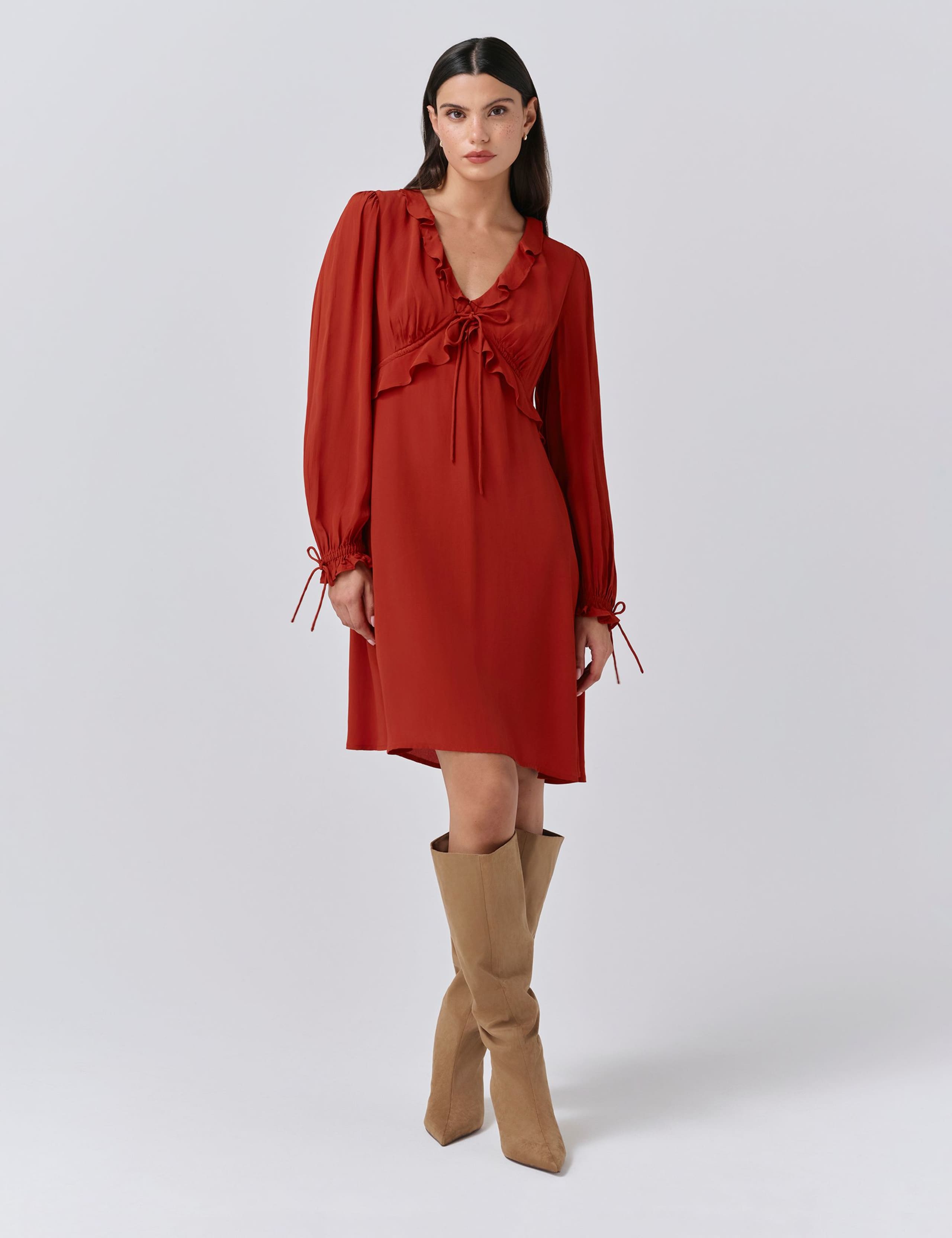 Crepe V-Neck Frill Detail Mini Dress 1 of 5