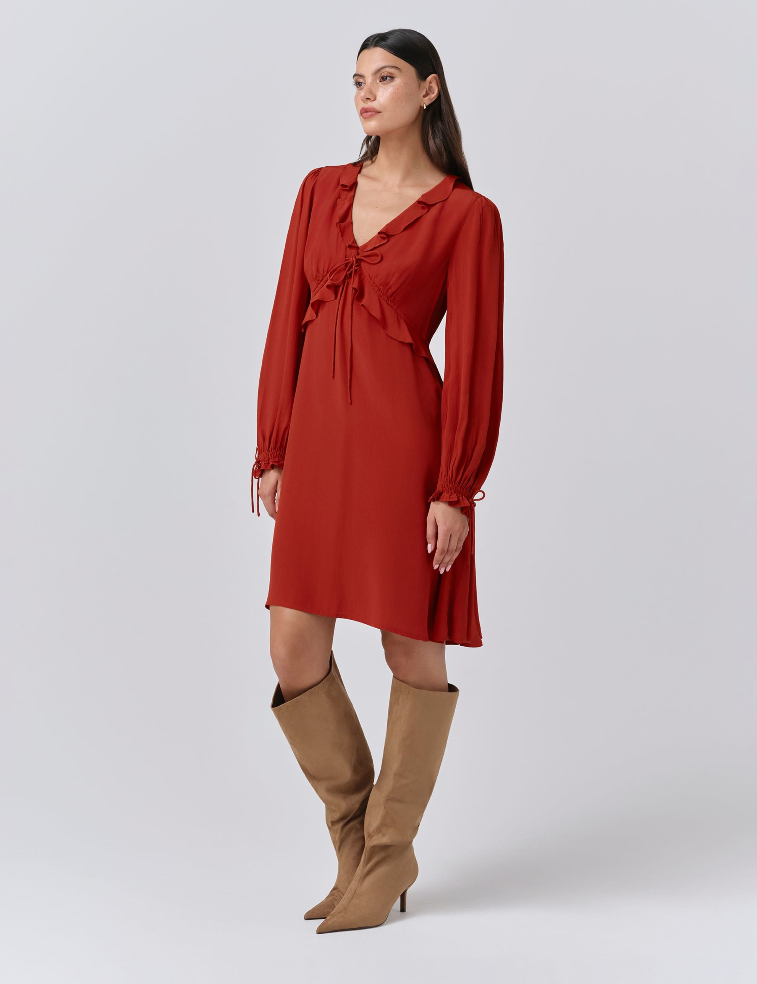 Crepe V-Neck Frill Detail Mini Dress 2 of 5