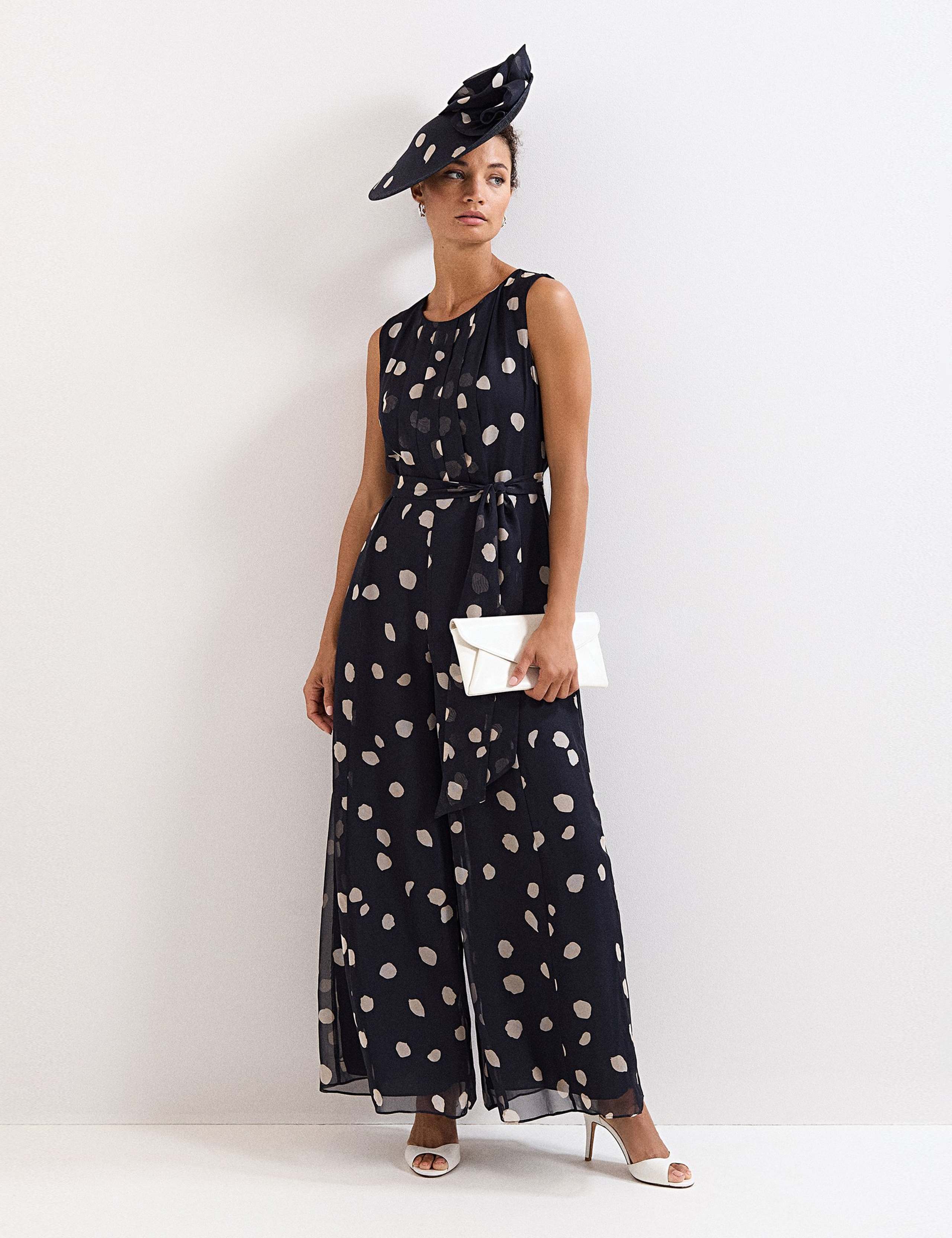 Chiffon Polka Dot Belted Wide Leg Jumpsuit 1 of 7
