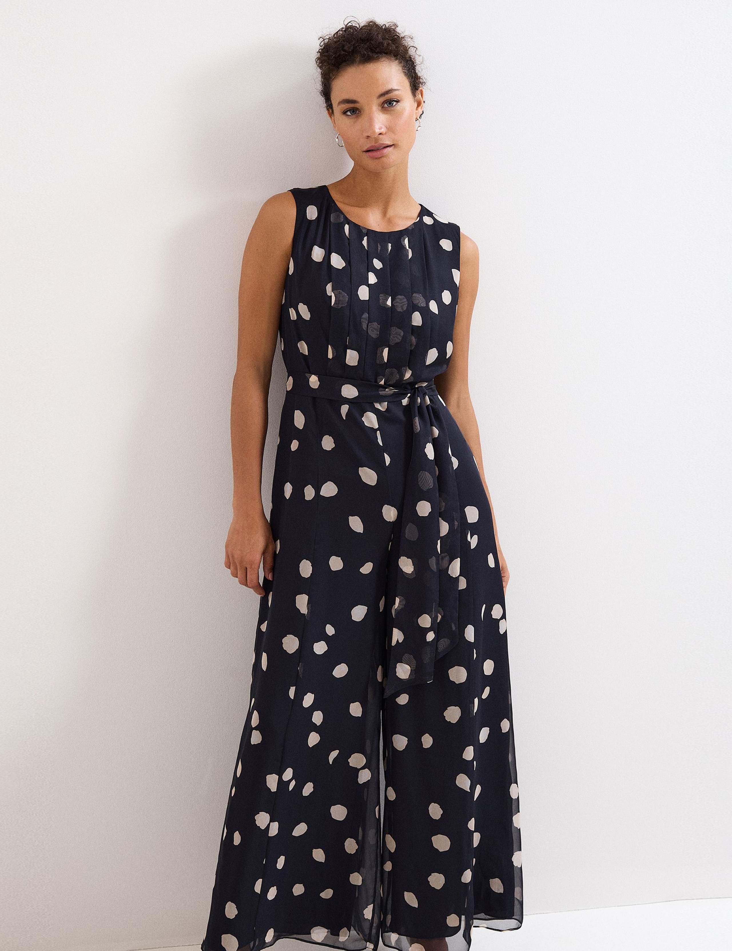 Chiffon Polka Dot Belted Wide Leg Jumpsuit 3 of 7