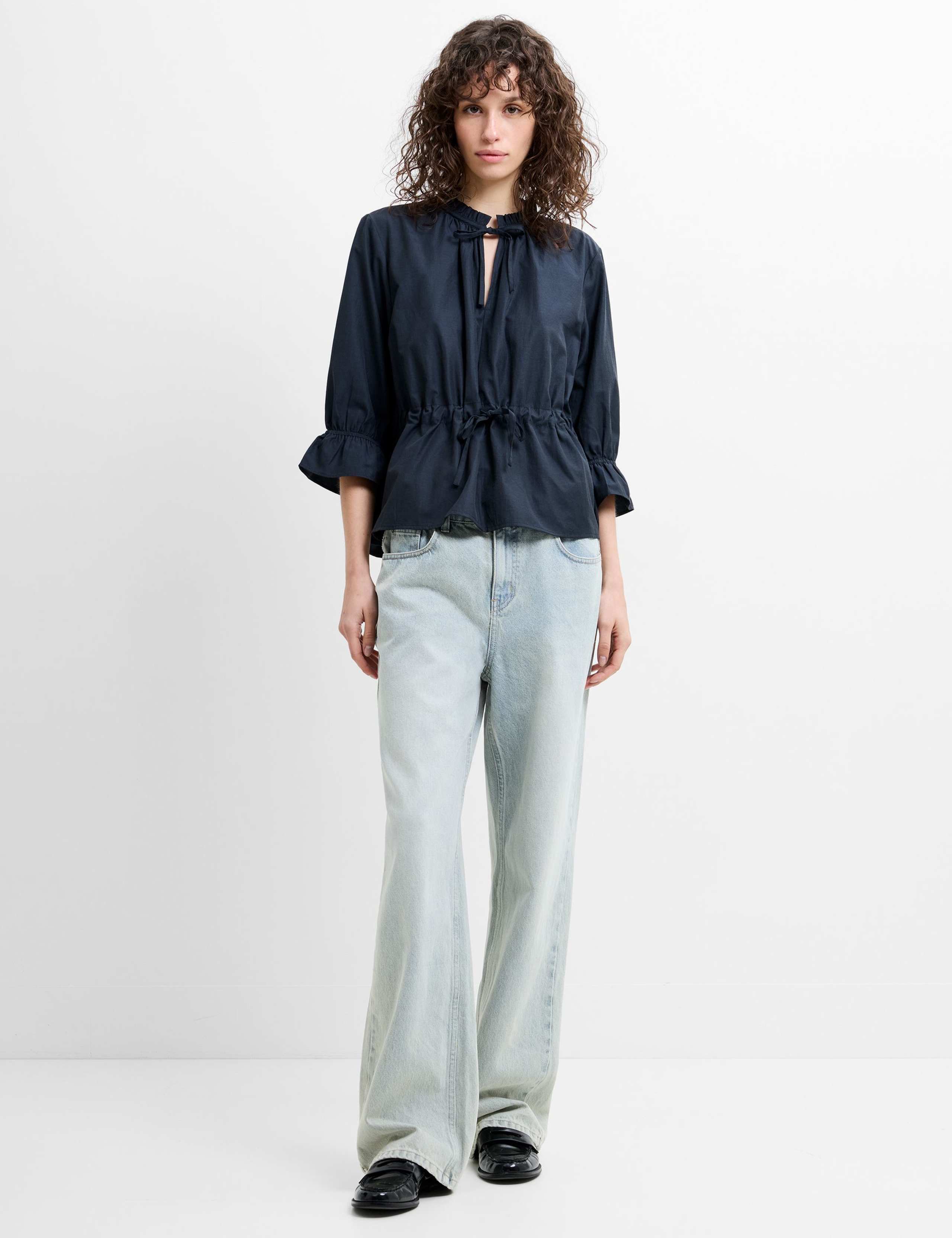 Poplin Ruffle Collar Tie Neck Waisted Top 3 of 6