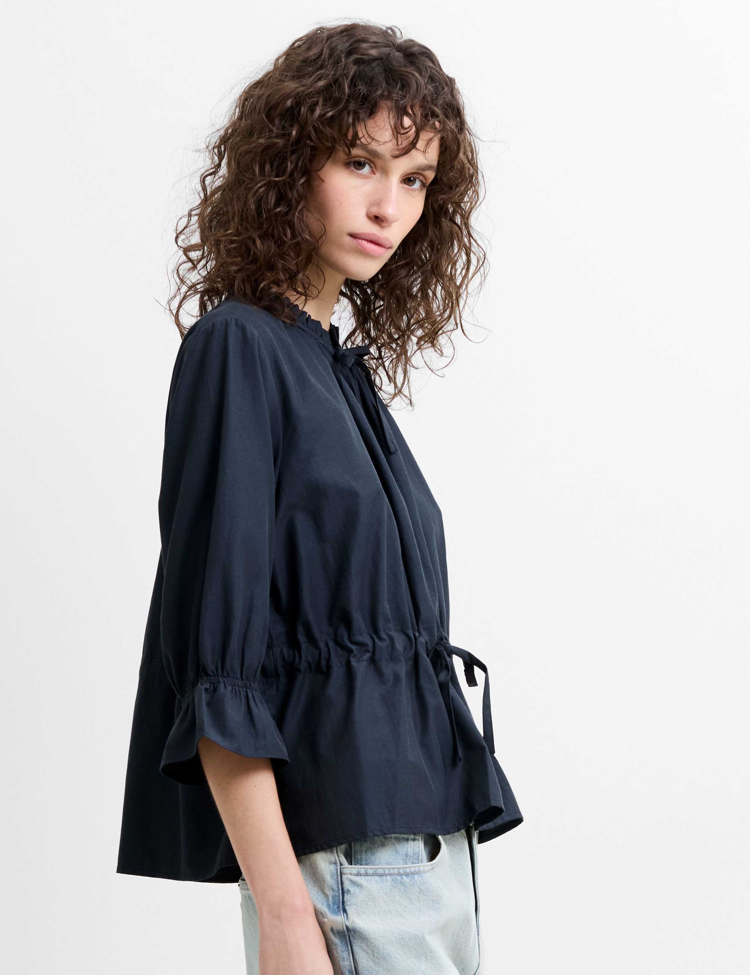 Poplin Ruffle Collar Tie Neck Waisted Top 5 of 6