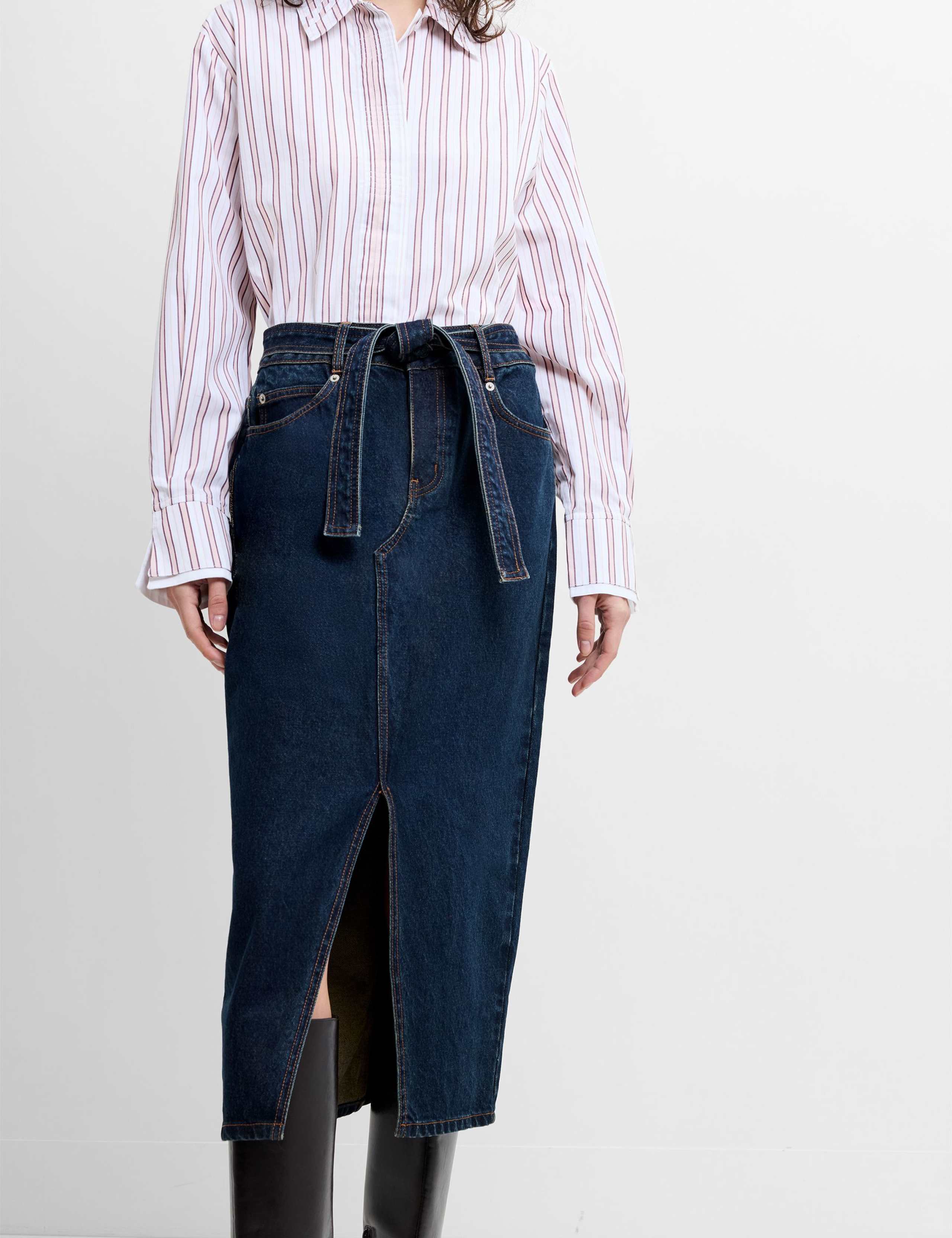 Denim Belted Midi Skirt 3 of 7