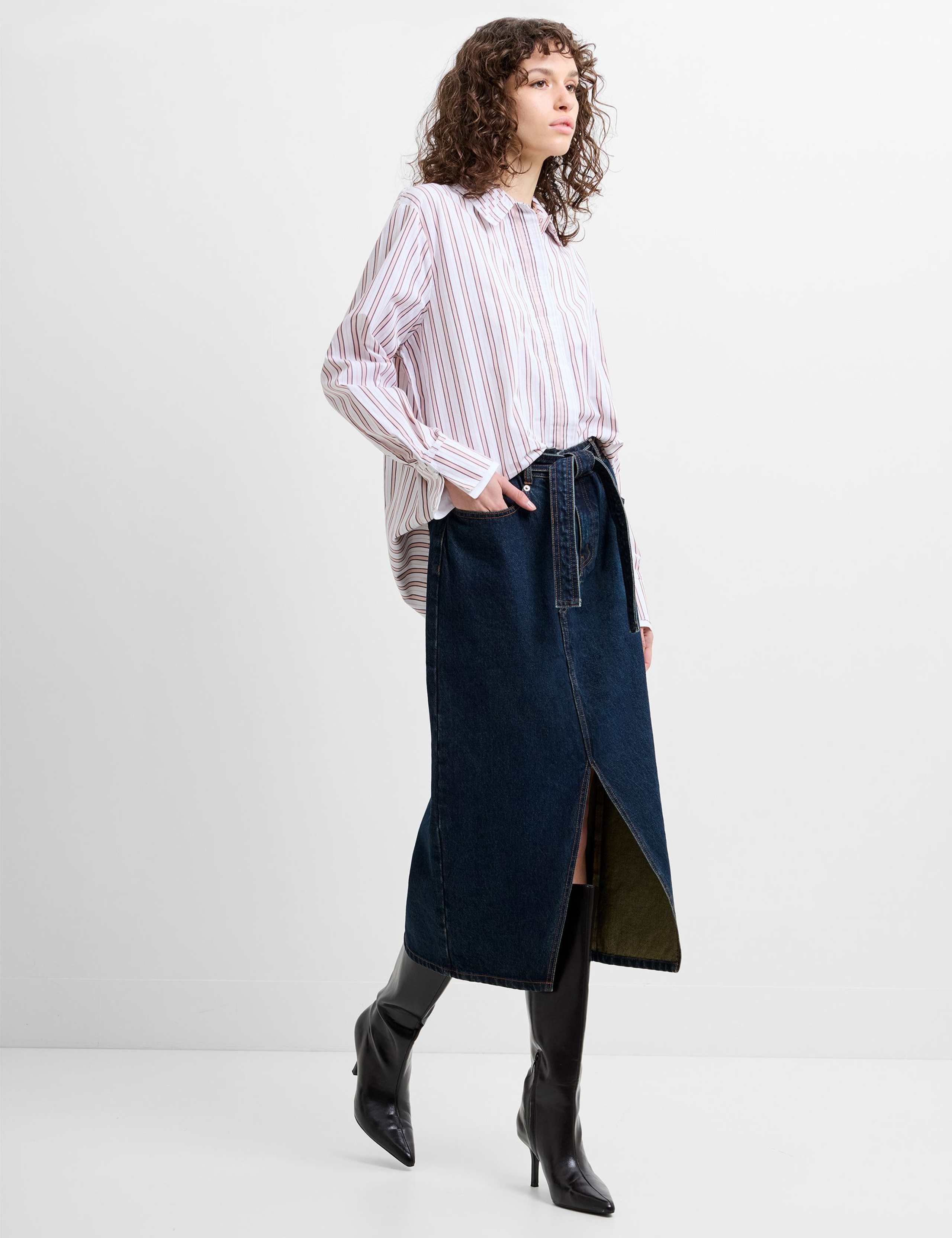 Denim Belted Midi Skirt 5 of 7