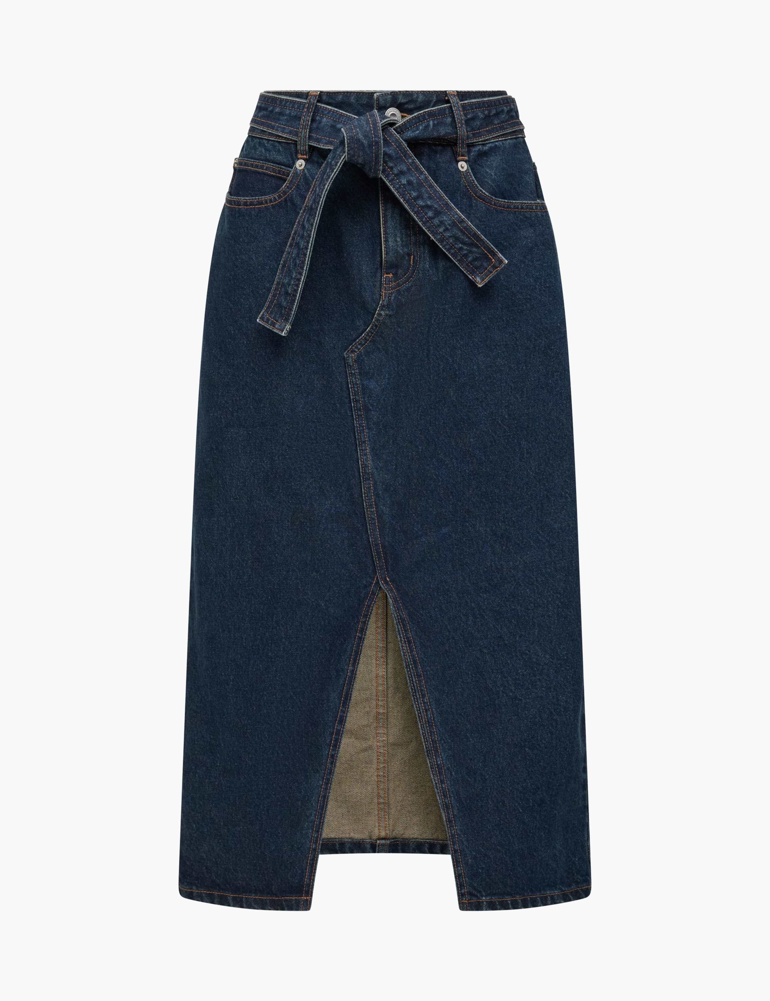 Denim Belted Midi Skirt 2 of 7