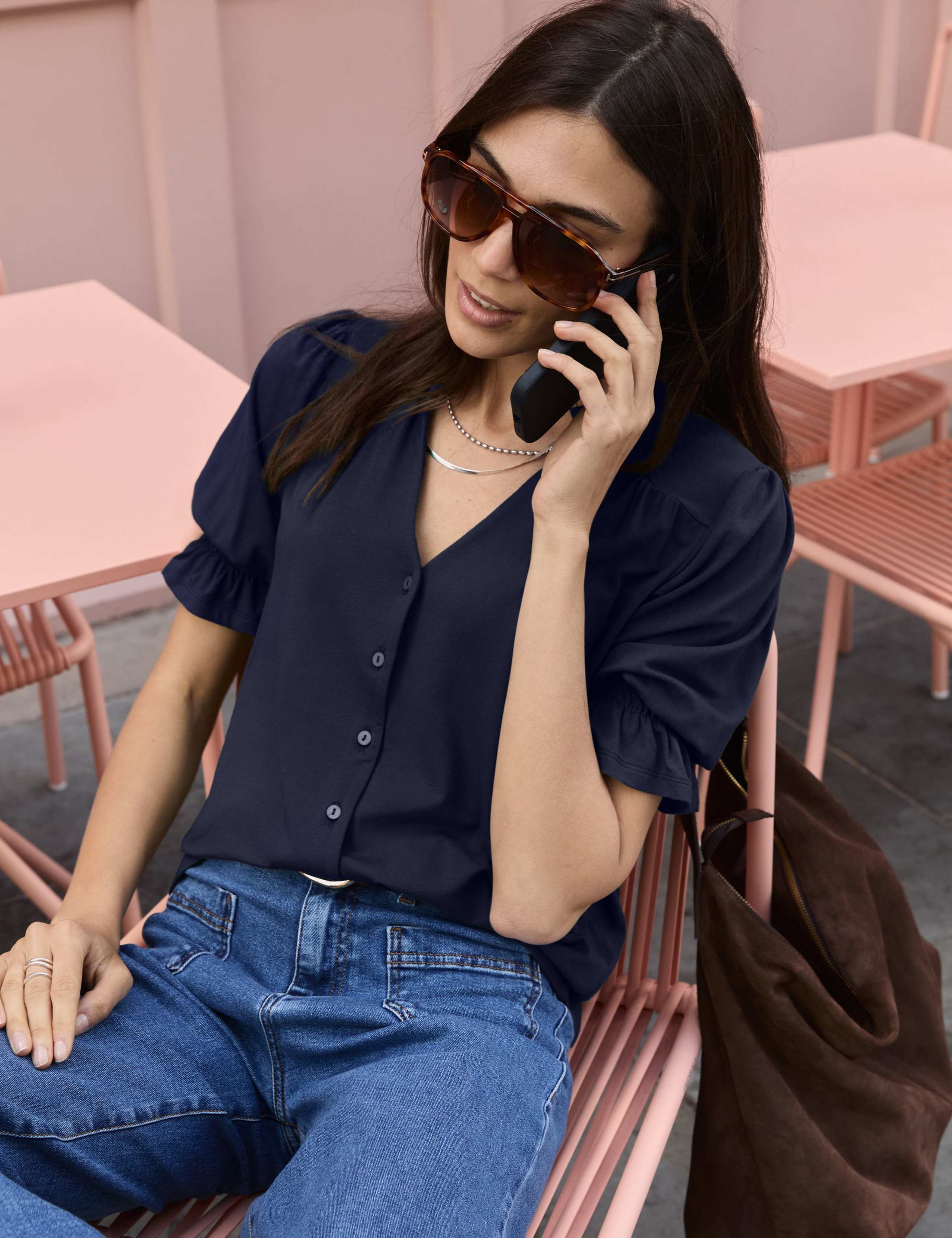 Cotton Rich V-Neck Button Through Blouse 1 of 6