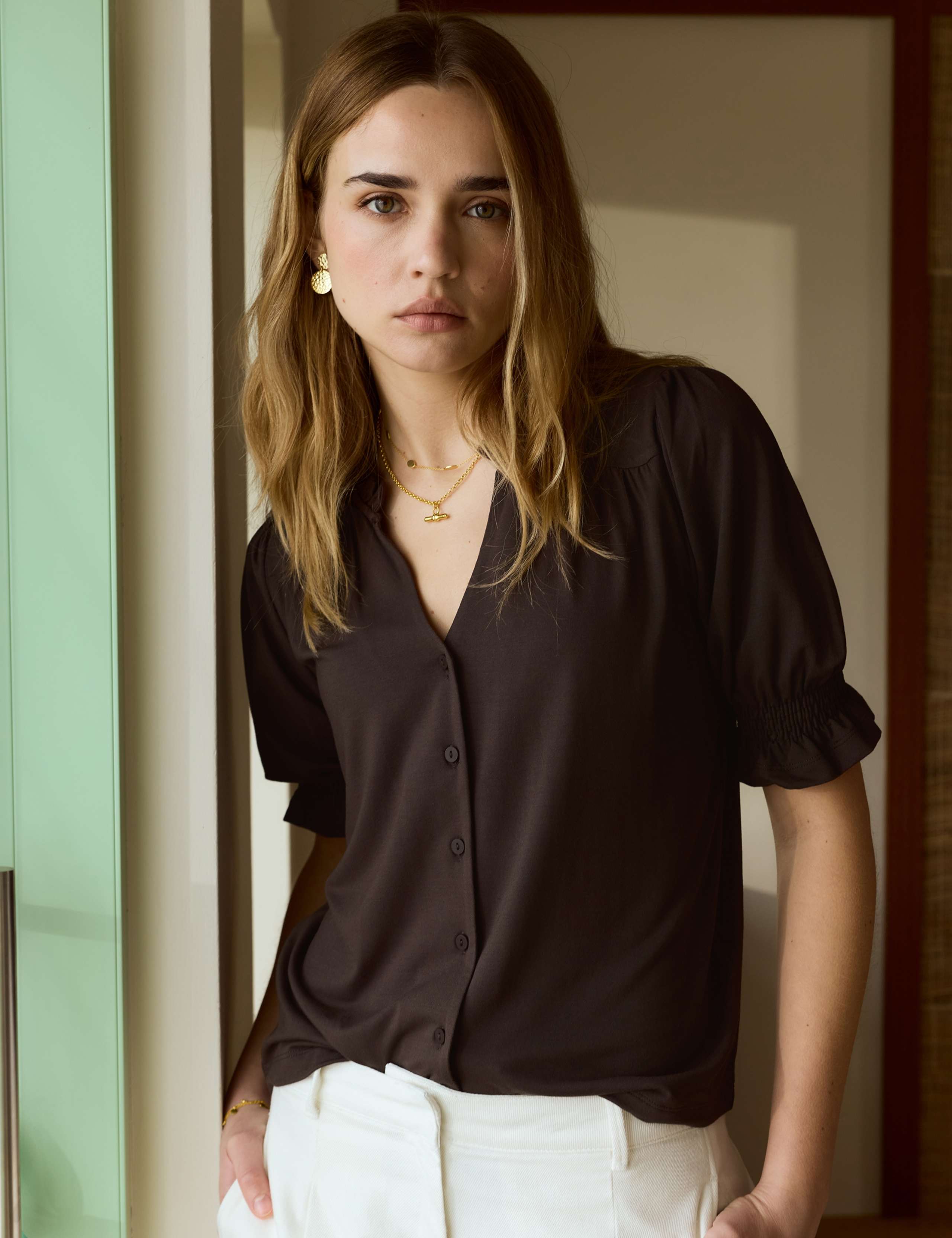 Cotton Rich V-Neck Button Through Blouse 1 of 4