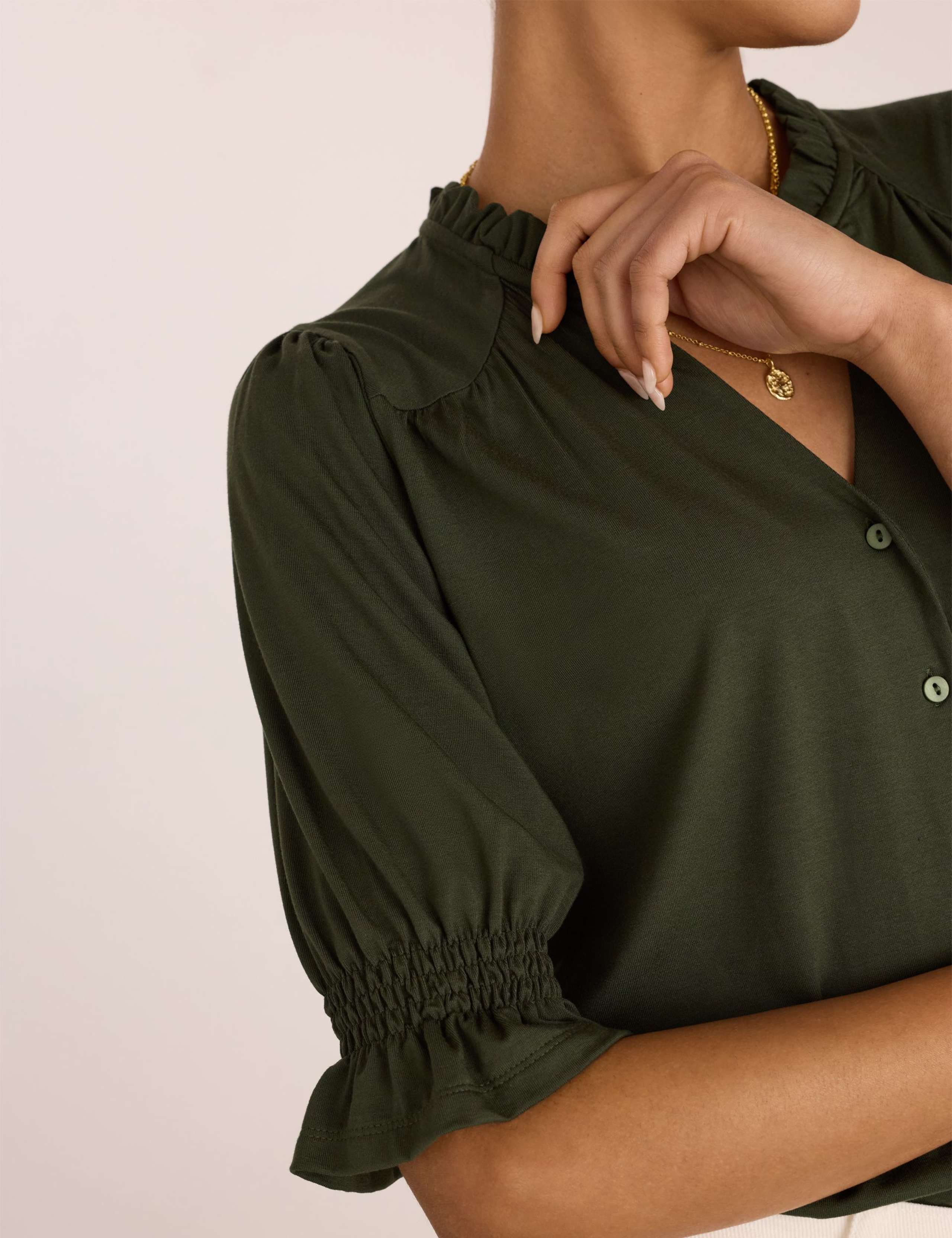 Cotton Rich V-Neck Button Through Blouse 3 of 4