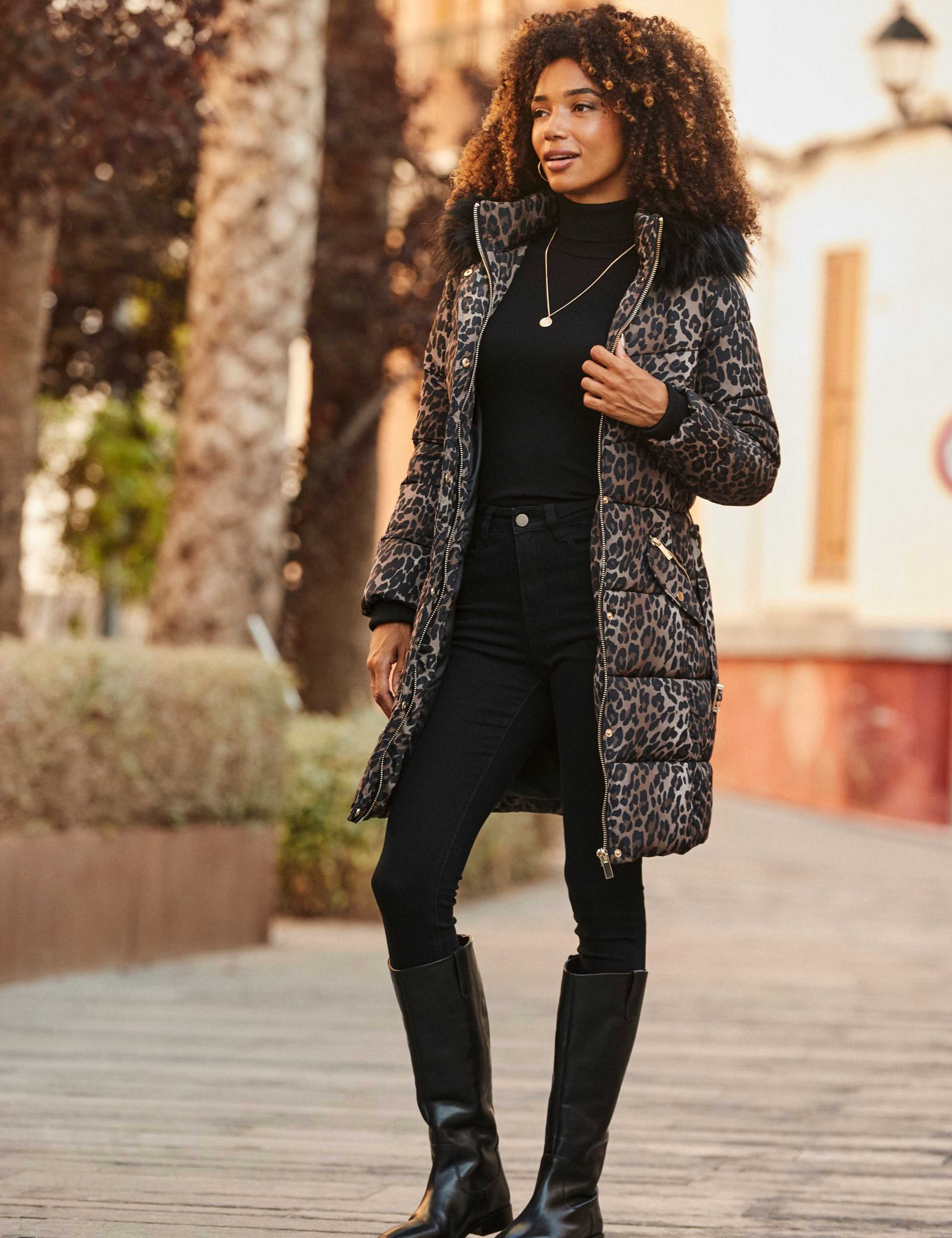 Faux Fur Trim Leopard Print Puffer Coat 2 of 7