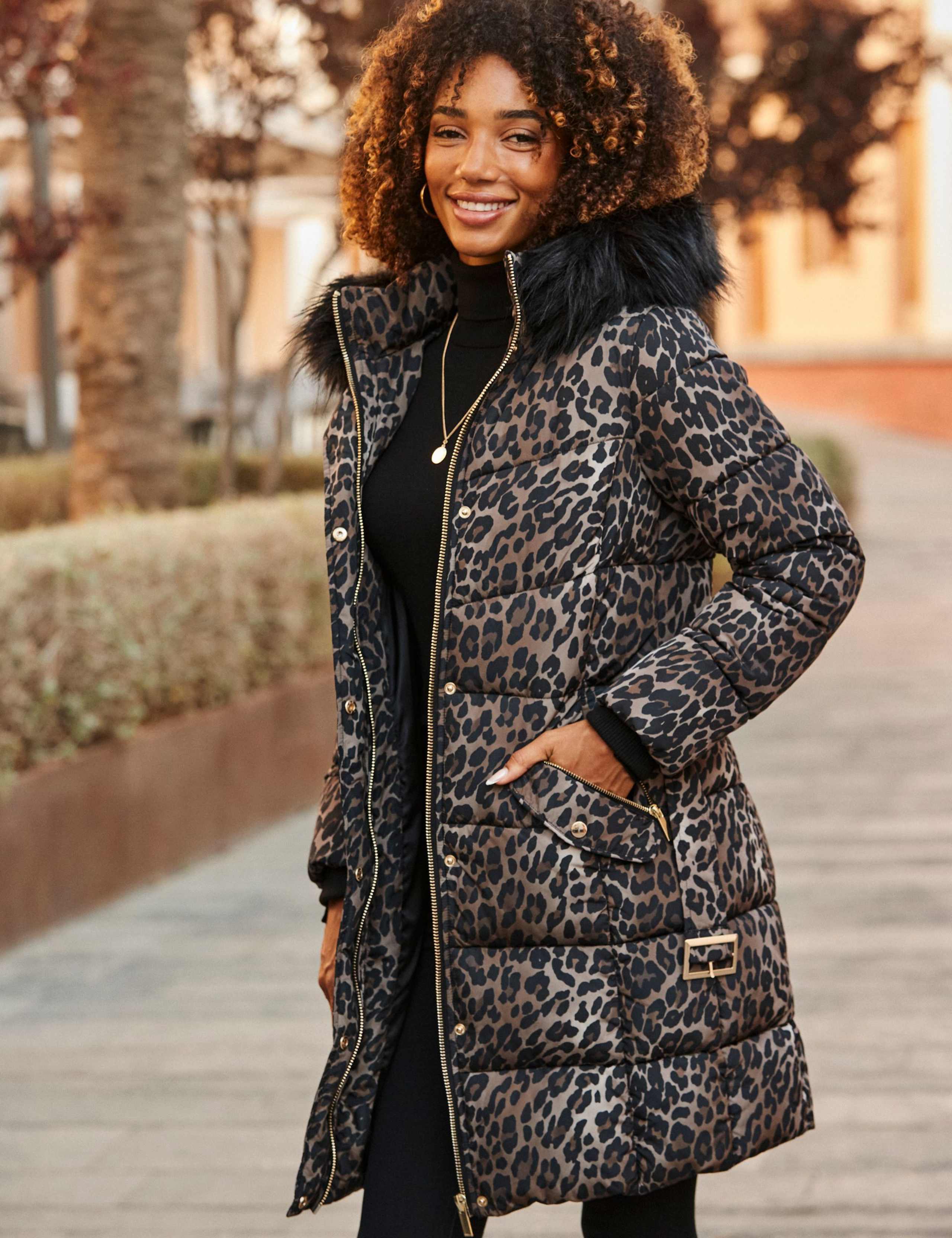 Faux Fur Trim Leopard Print Puffer Coat 4 of 7