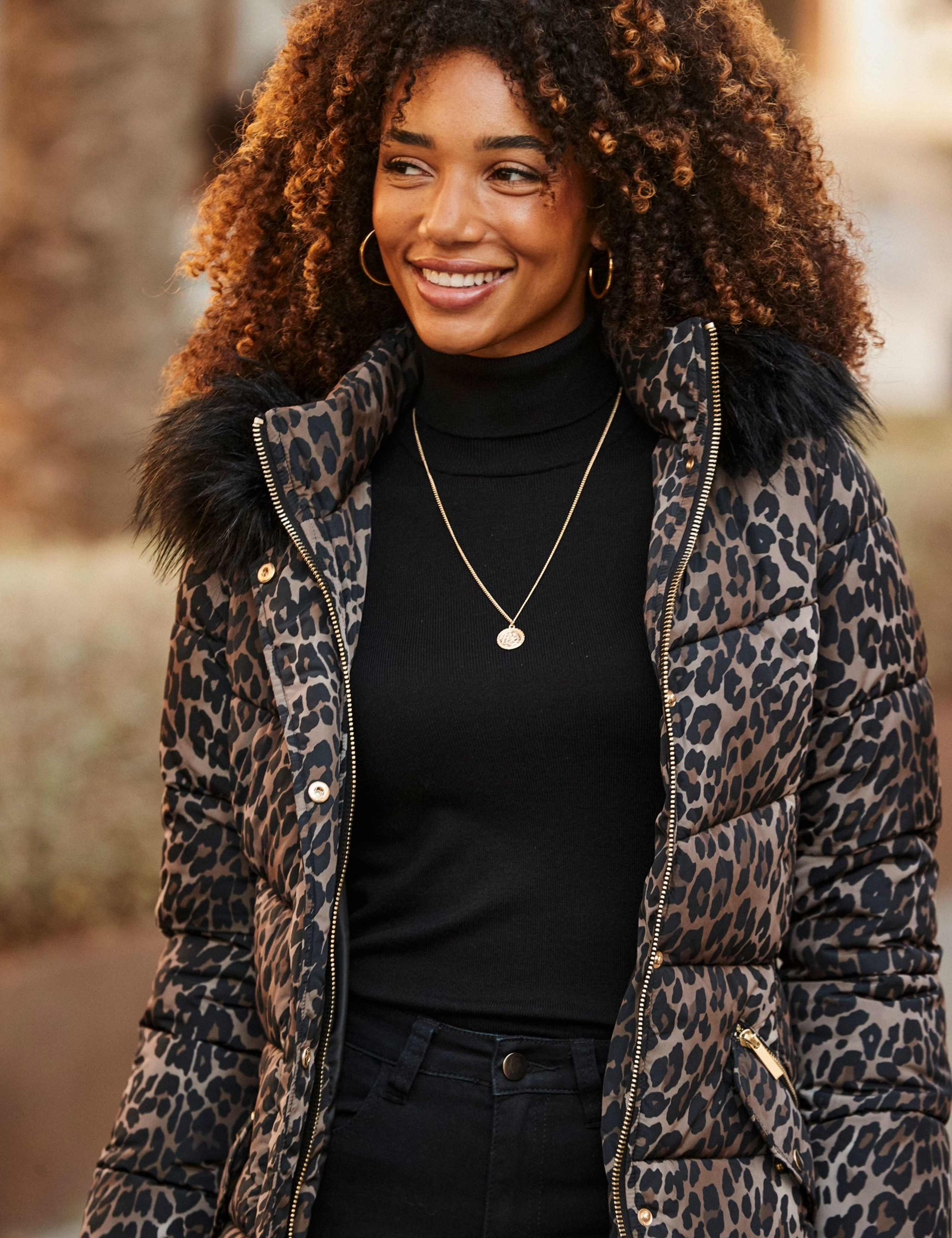 Faux Fur Trim Leopard Print Puffer Coat 6 of 7