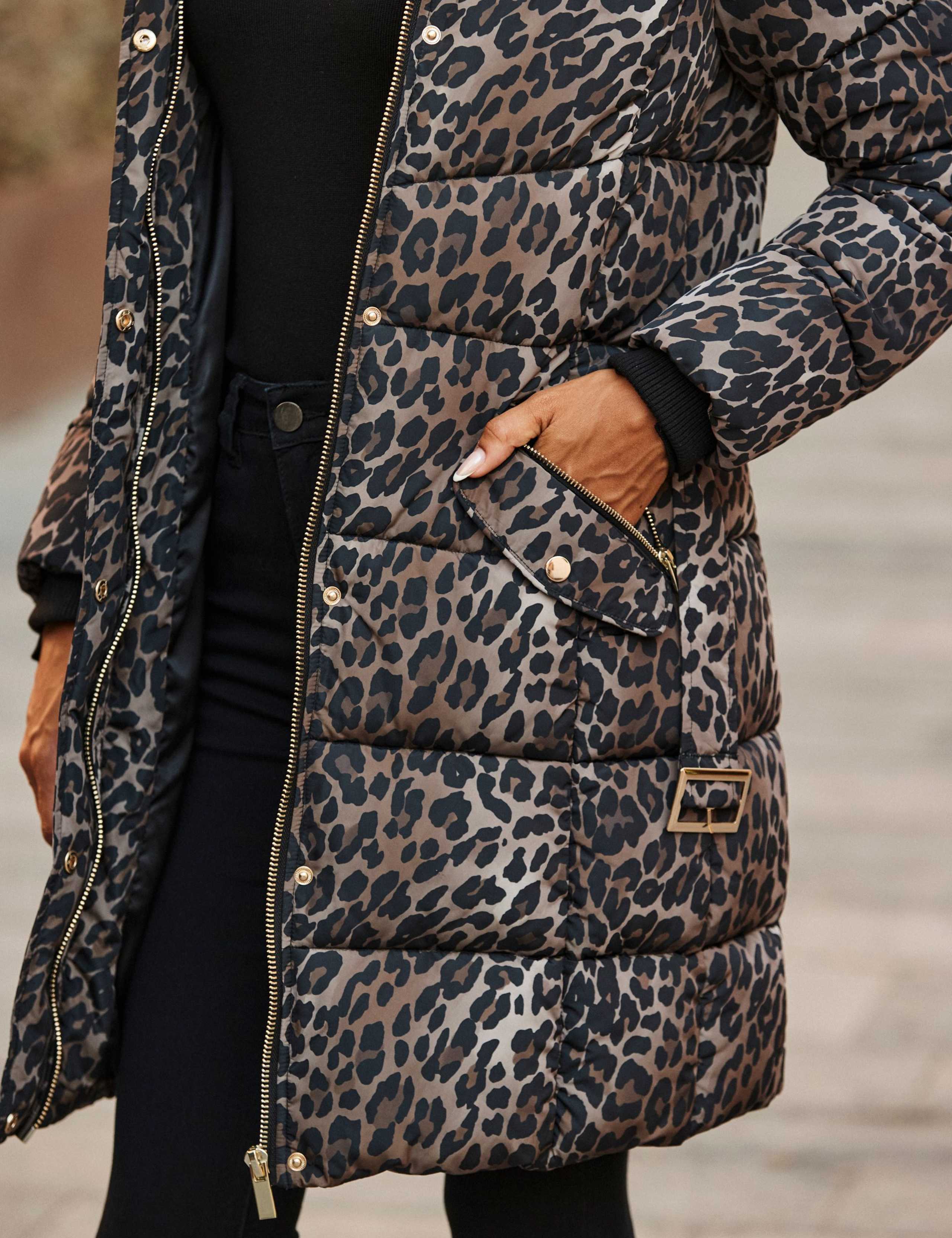 Faux Fur Trim Leopard Print Puffer Coat 7 of 7